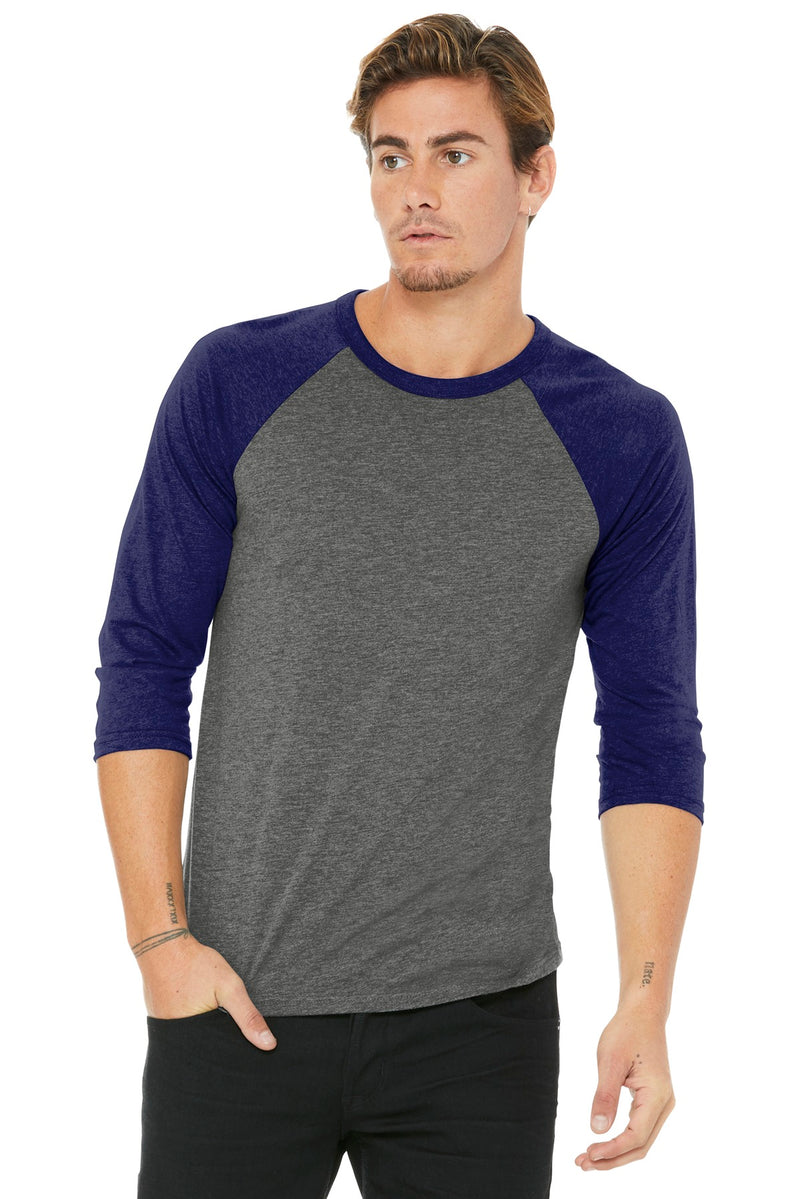 BELLA+CANVAS  Unisex 3/4-Sleeve Baseball Tee - Grey/ Navy Triblend
