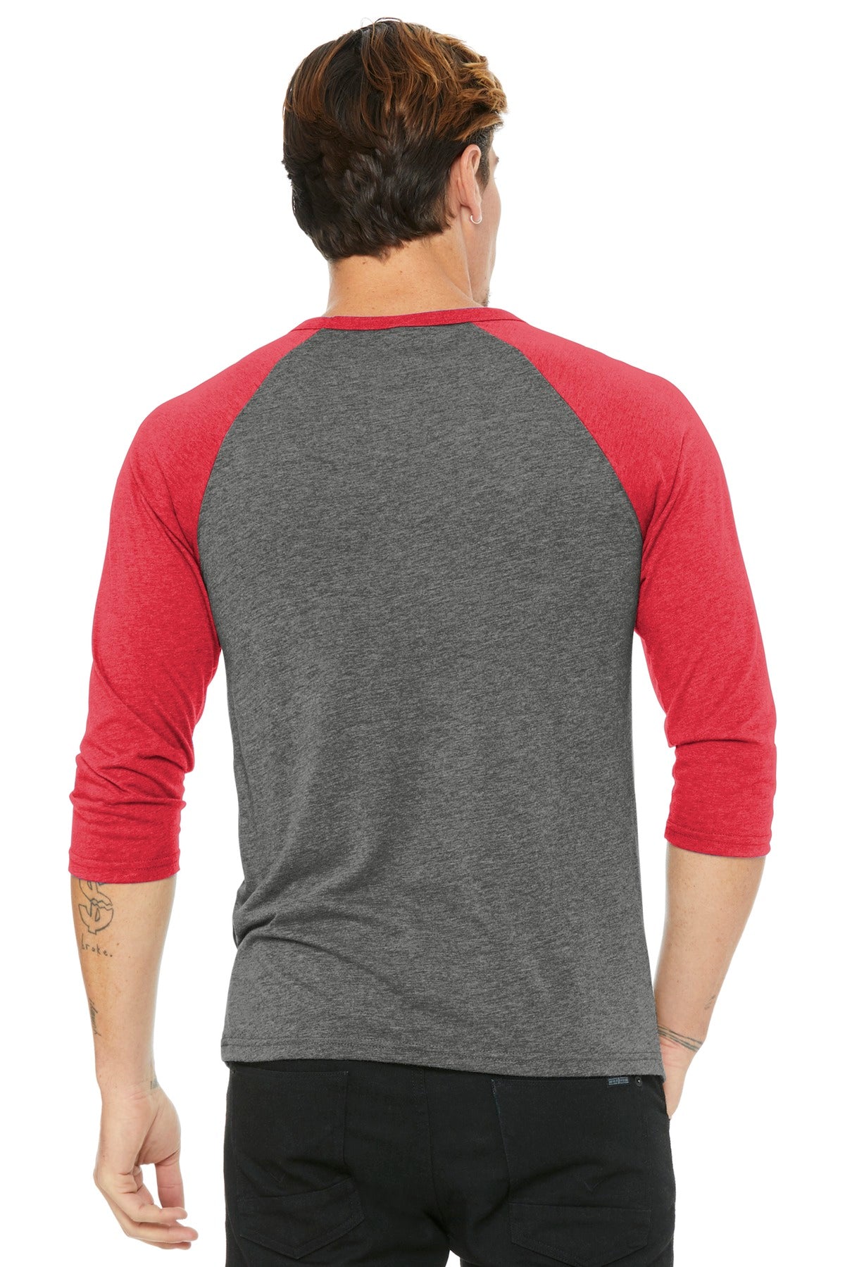 BELLA+CANVAS  Unisex 3/4-Sleeve Baseball Tee - Grey/ Red Triblend