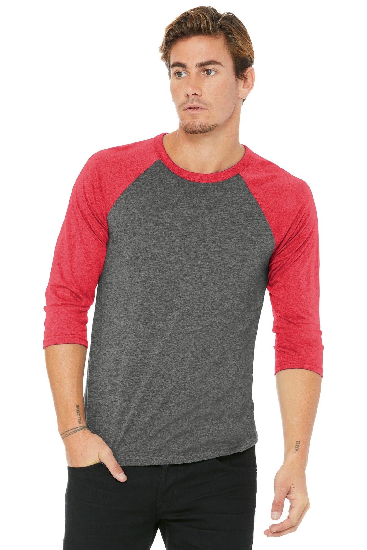 BELLA+CANVAS  Unisex 3/4-Sleeve Baseball Tee - Grey/ Red Triblend