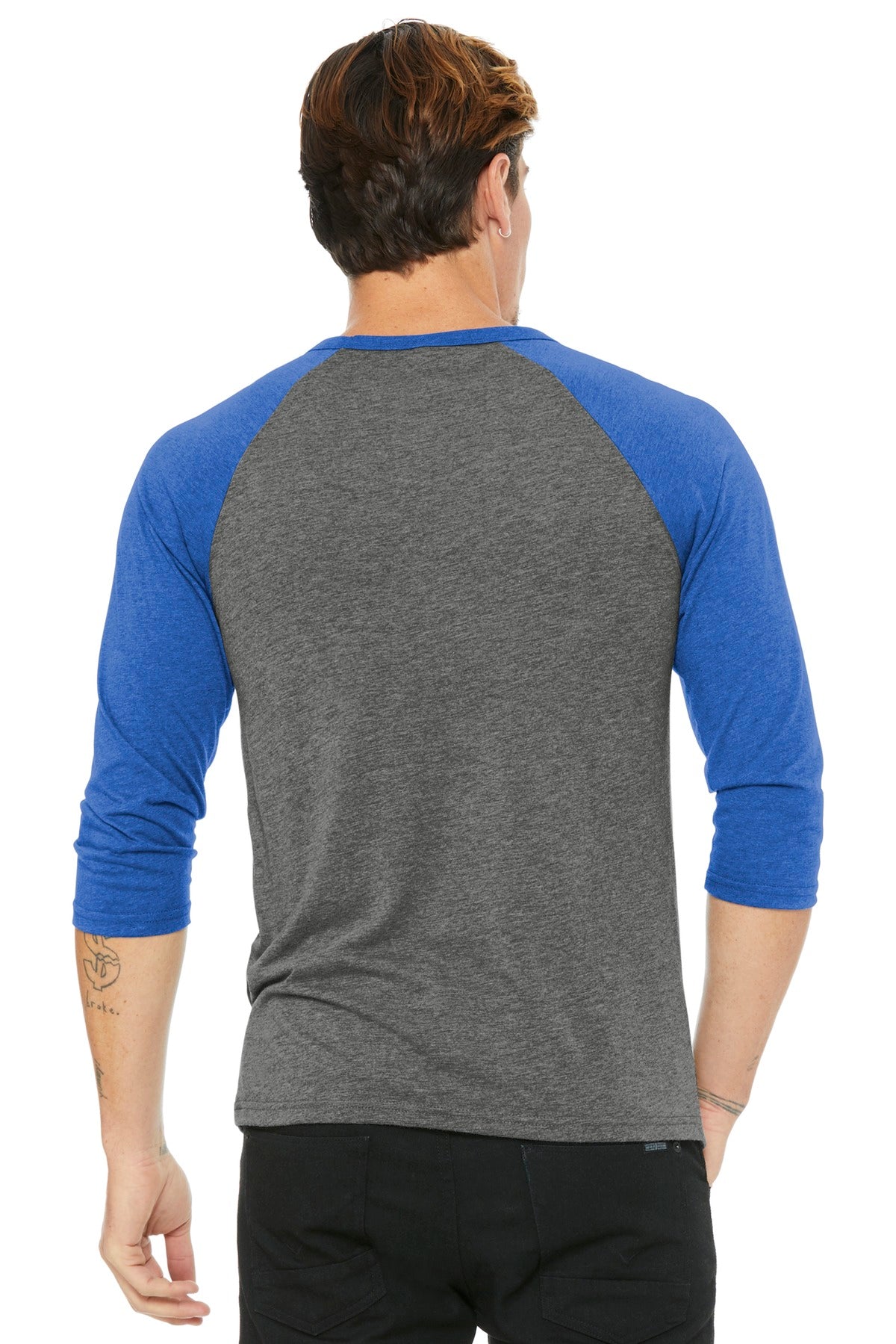 BELLA+CANVAS  Unisex 3/4-Sleeve Baseball Tee - Grey/ True Royal Triblend