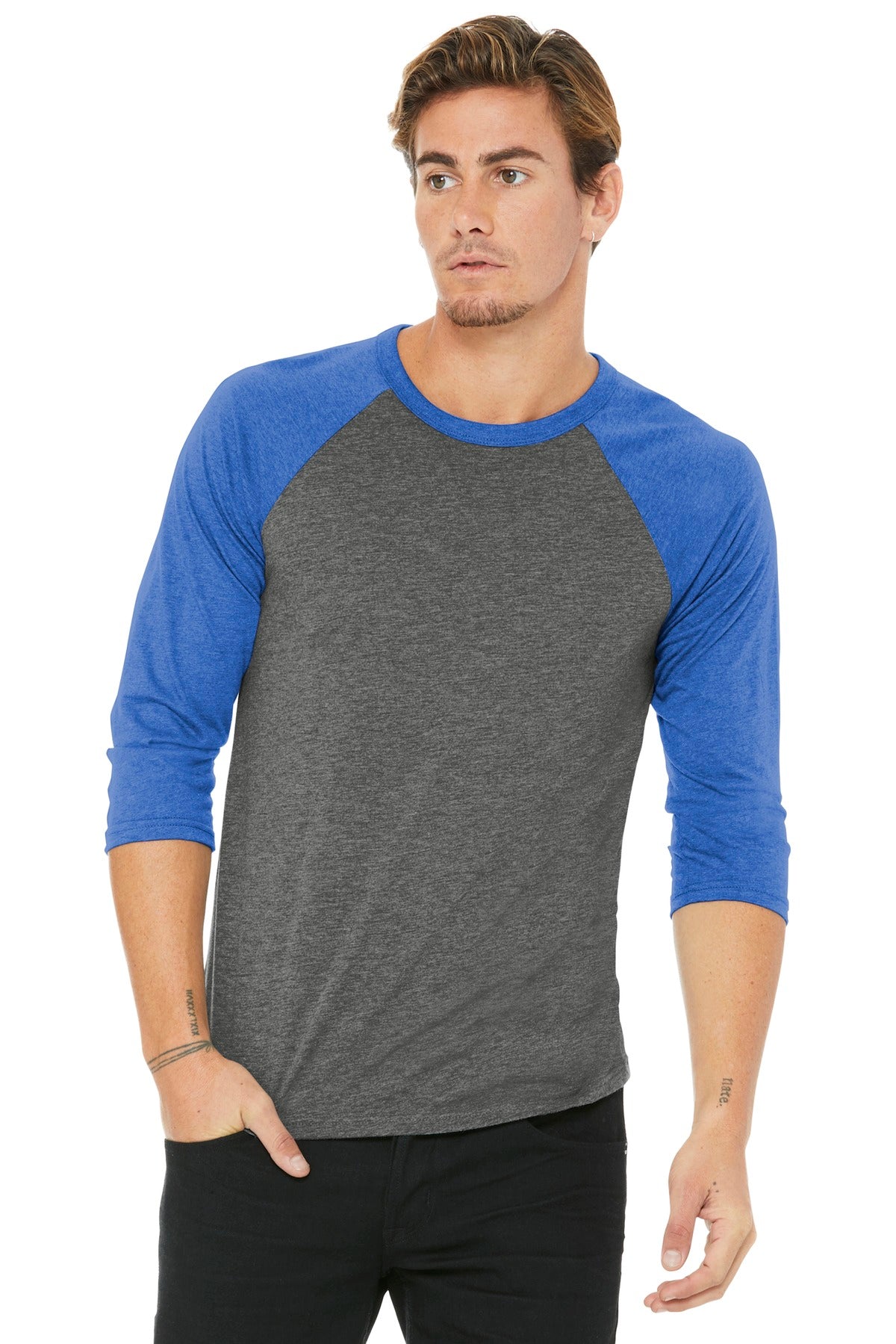 BELLA+CANVAS  Unisex 3/4-Sleeve Baseball Tee - Grey/ True Royal Triblend