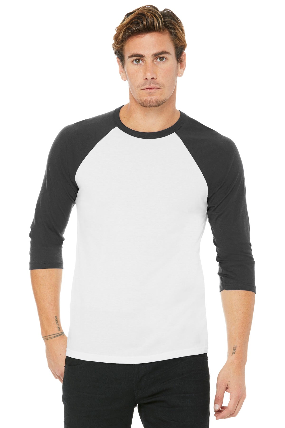 BELLA+CANVAS  Unisex 3/4-Sleeve Baseball Tee - White/ Asphalt