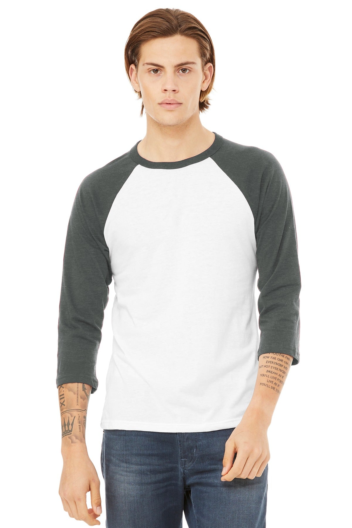 BELLA+CANVAS  Unisex 3/4-Sleeve Baseball Tee - White/ Deep Heather