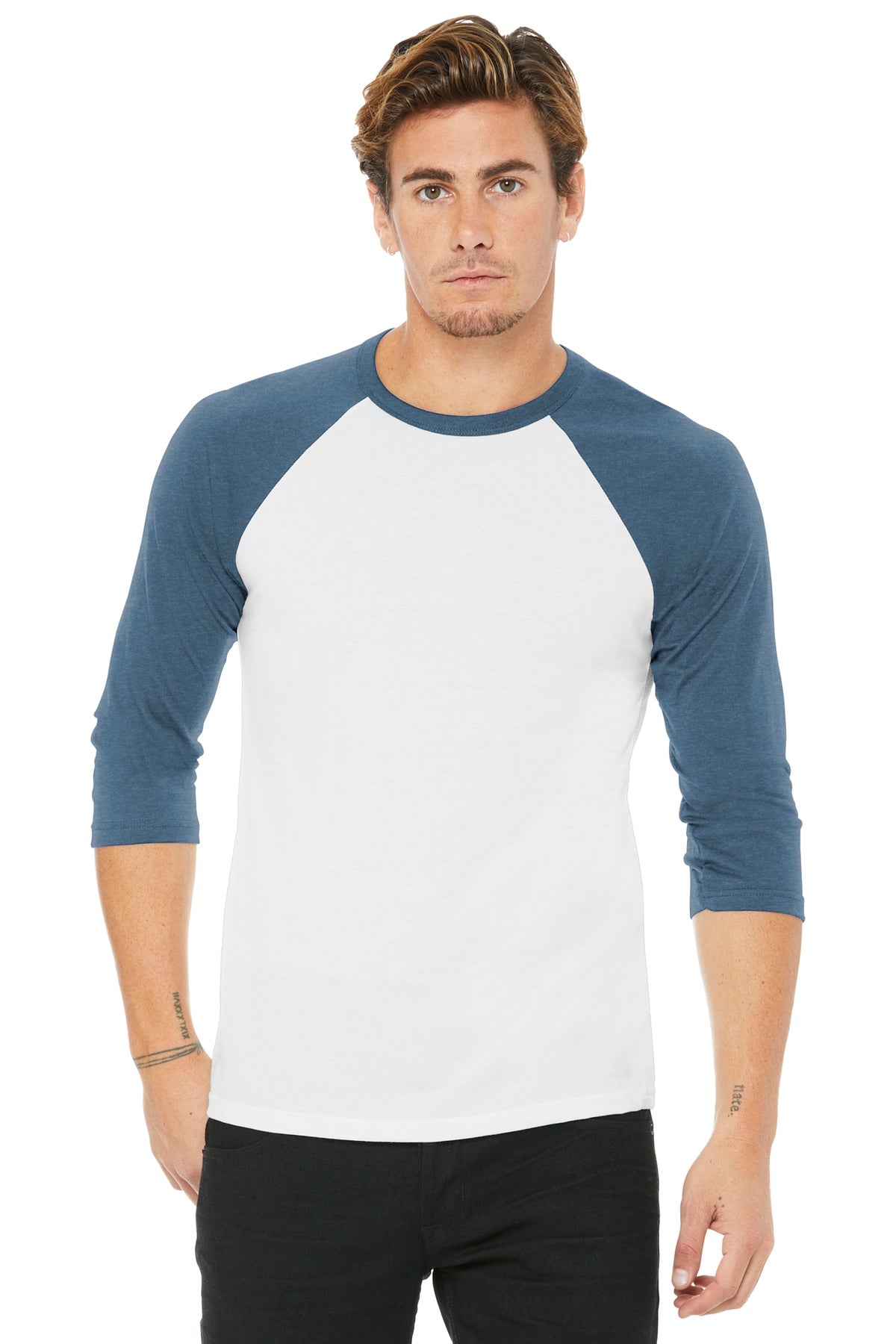 BELLA+CANVAS  Unisex 3/4-Sleeve Baseball Tee - White/ Denim
