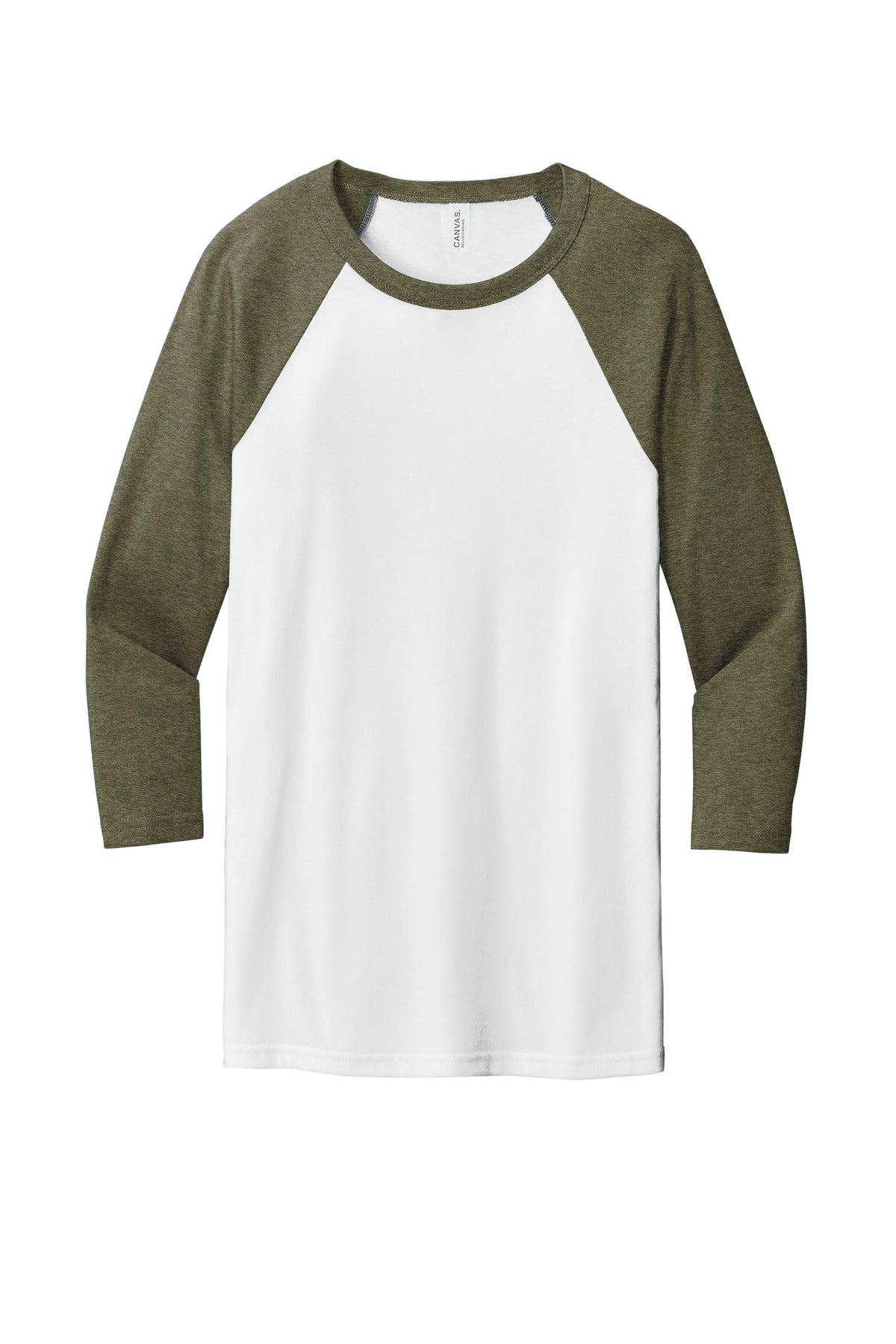 BELLA+CANVAS  Unisex 3/4-Sleeve Baseball Tee - White/ Heather Olive