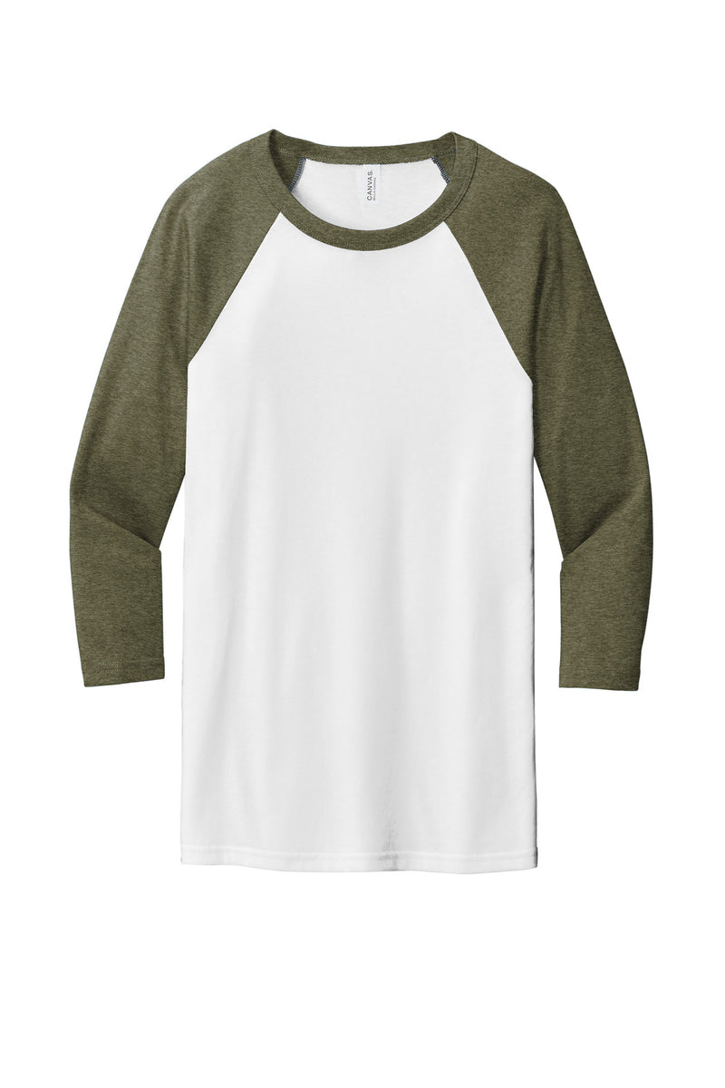 BELLA+CANVAS  Unisex 3/4-Sleeve Baseball Tee - White/ Heather Olive