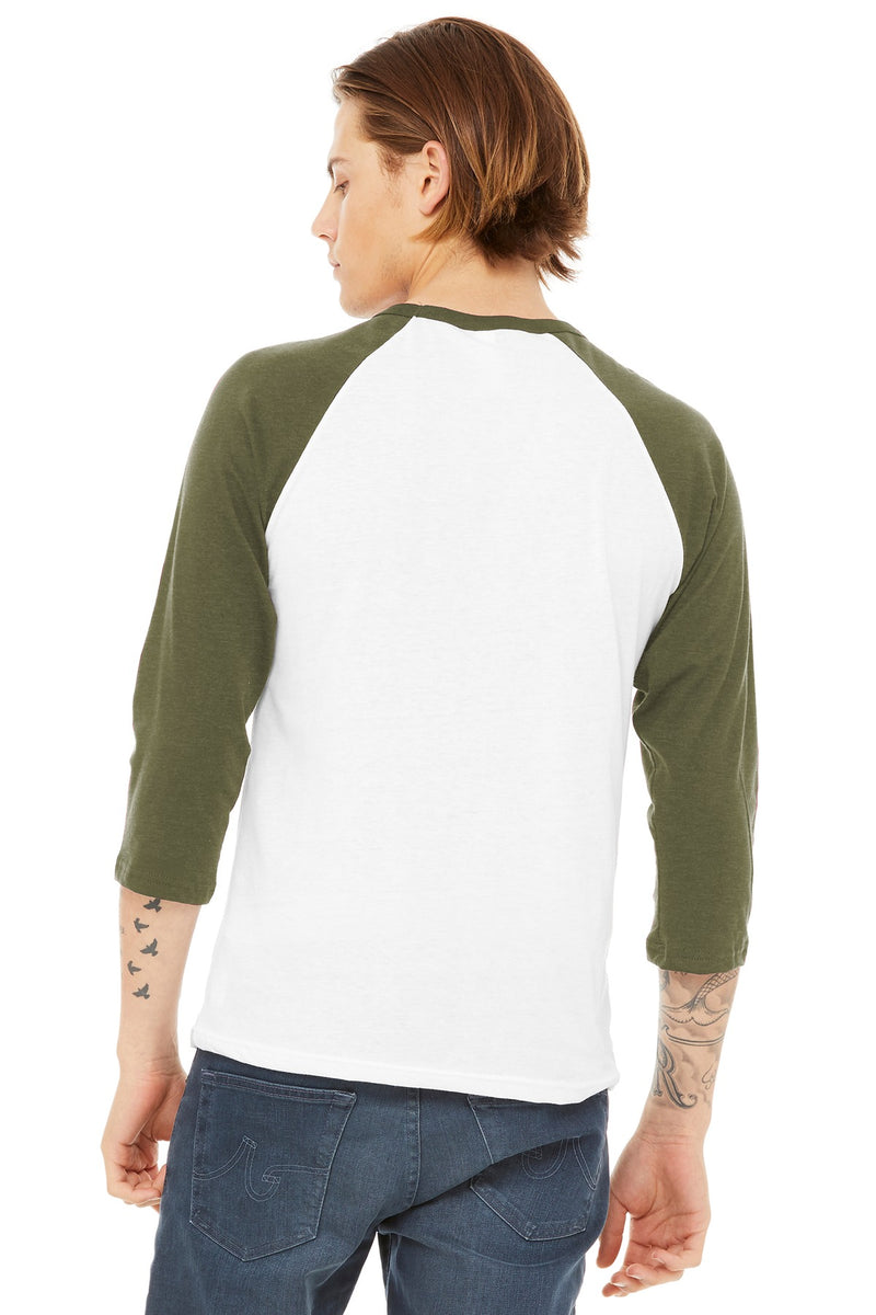 BELLA+CANVAS  Unisex 3/4-Sleeve Baseball Tee - White/ Heather Olive