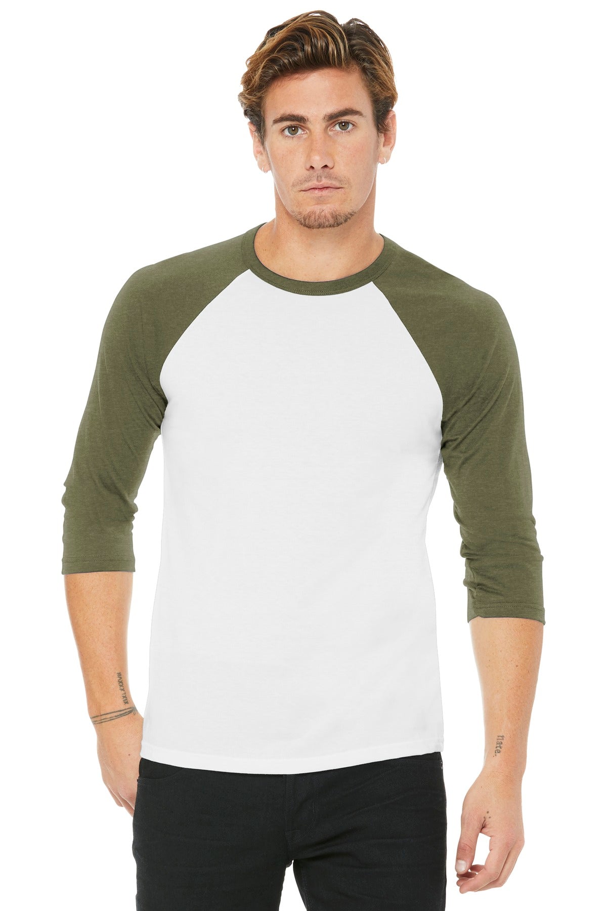 BELLA+CANVAS  Unisex 3/4-Sleeve Baseball Tee - White/ Heather Olive