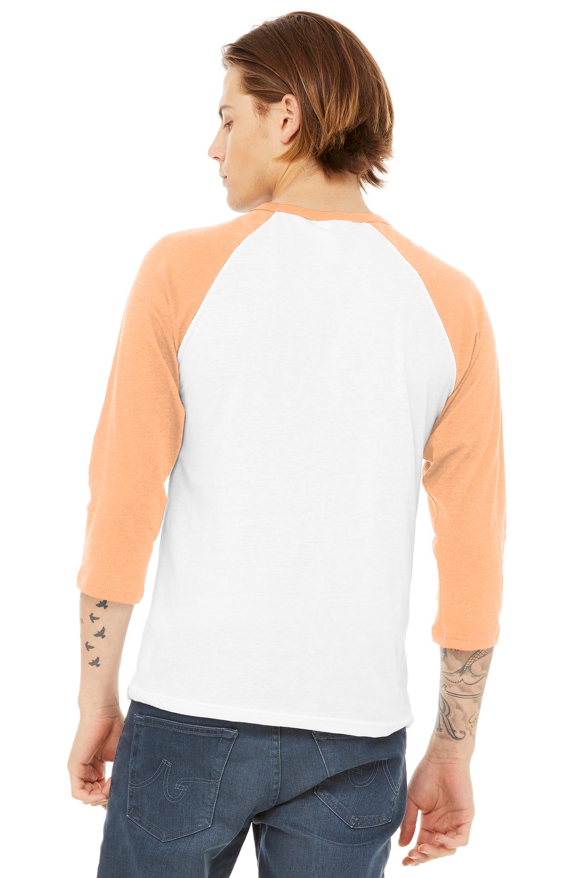 BELLA+CANVAS  Unisex 3/4-Sleeve Baseball Tee - White/ Heather Peach
