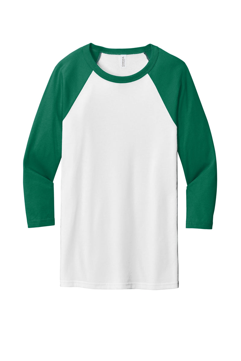 BELLA+CANVAS  Unisex 3/4-Sleeve Baseball Tee - White/ Kelly