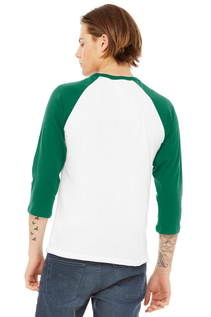 BELLA+CANVAS  Unisex 3/4-Sleeve Baseball Tee - White/ Kelly