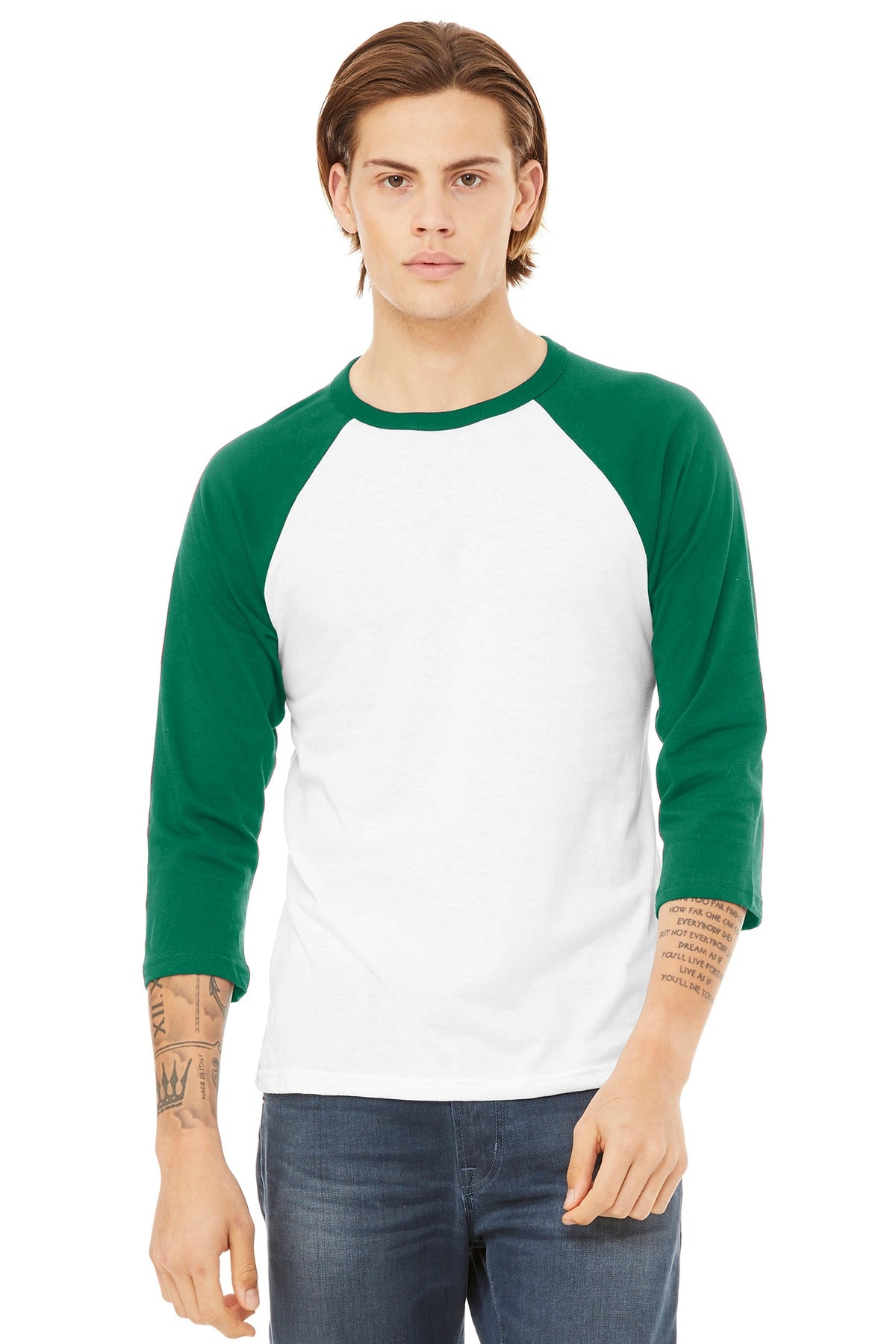 BELLA+CANVAS  Unisex 3/4-Sleeve Baseball Tee - White/ Kelly