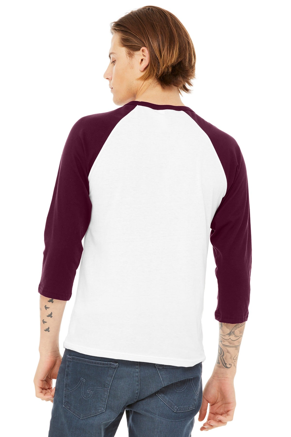BELLA+CANVAS  Unisex 3/4-Sleeve Baseball Tee - White/ Maroon