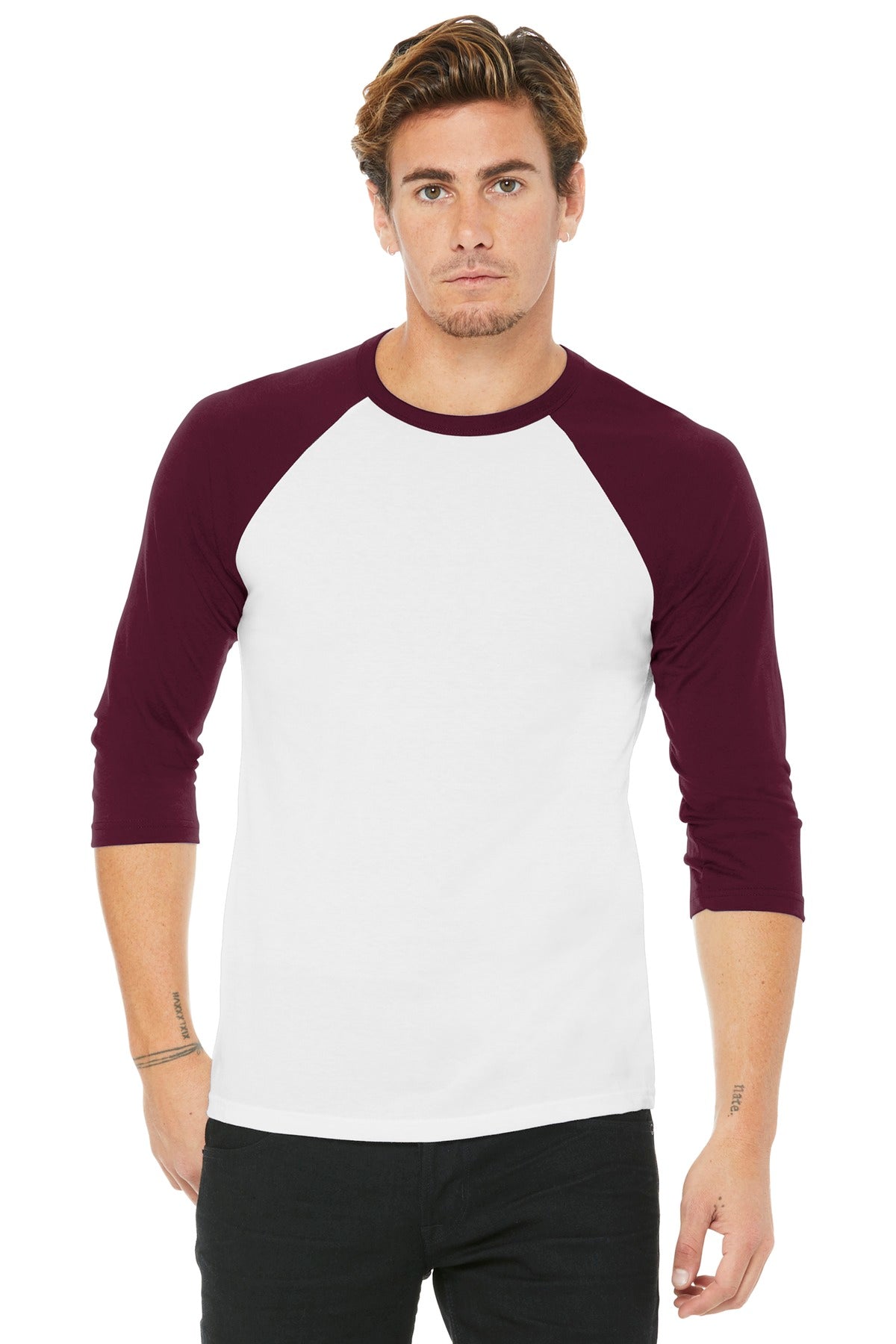 BELLA+CANVAS  Unisex 3/4-Sleeve Baseball Tee - White/ Maroon