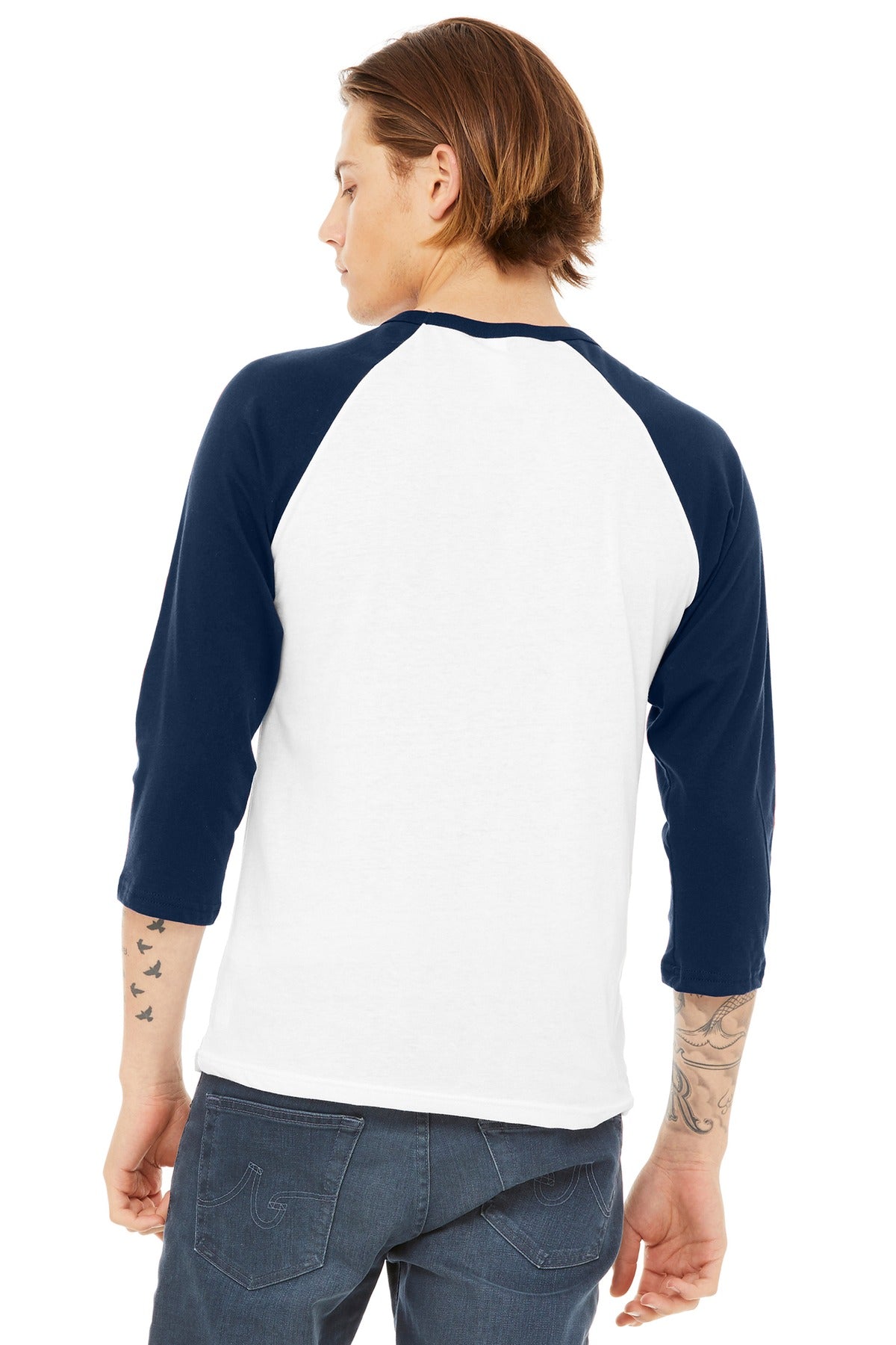 BELLA+CANVAS  Unisex 3/4-Sleeve Baseball Tee - White/ Navy