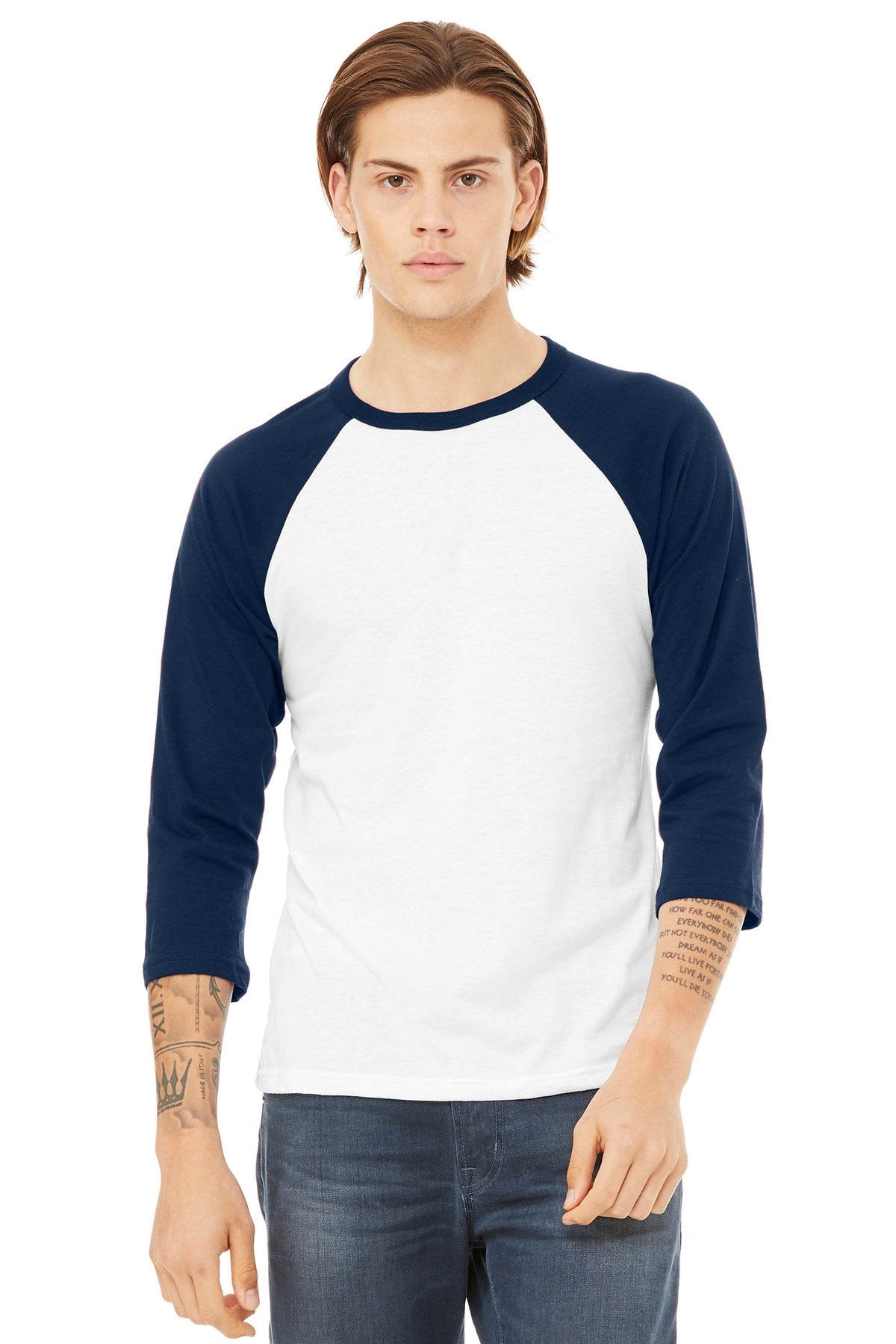 BELLA+CANVAS  Unisex 3/4-Sleeve Baseball Tee - White/ Navy