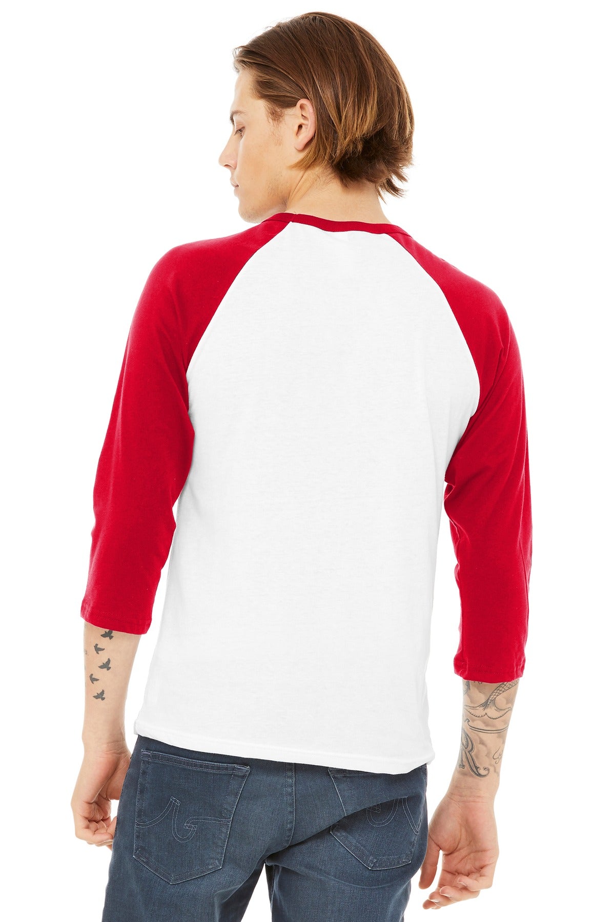 BELLA+CANVAS  Unisex 3/4-Sleeve Baseball Tee - White/ Red