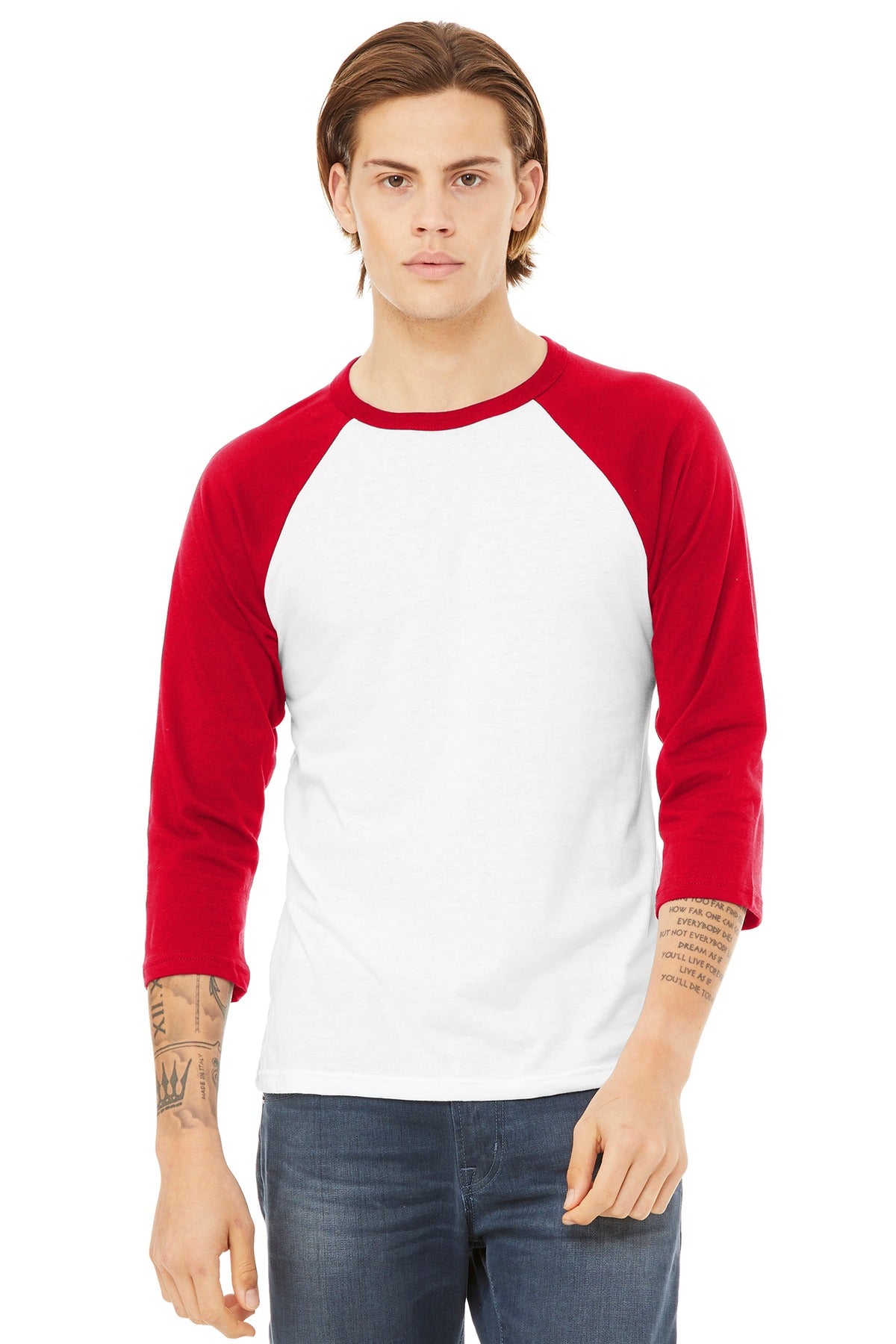 BELLA+CANVAS  Unisex 3/4-Sleeve Baseball Tee - White/ Red