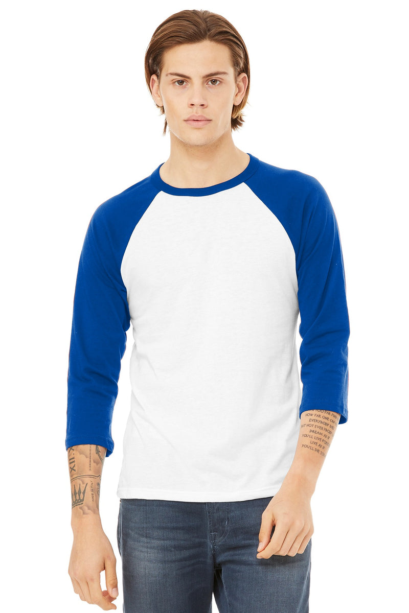 BELLA+CANVAS  Unisex 3/4-Sleeve Baseball Tee - White/ True Royal