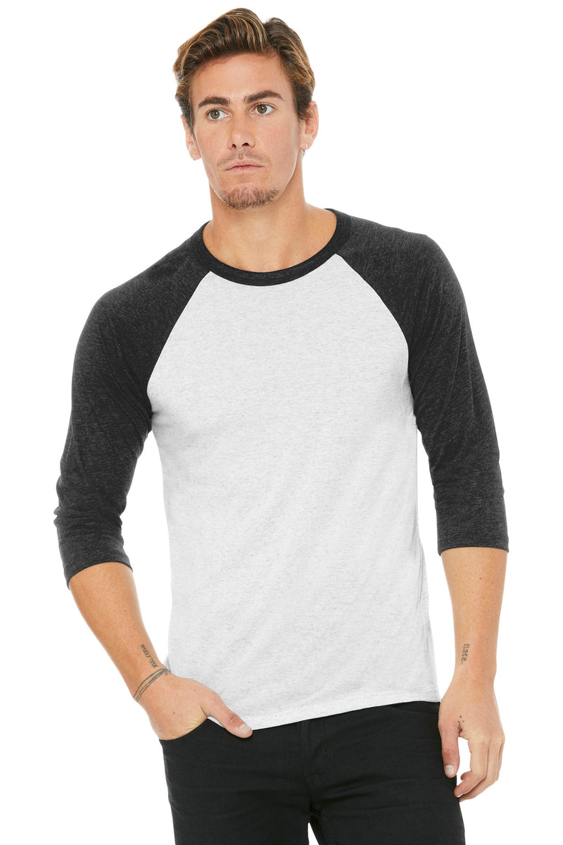 BELLA+CANVAS  Unisex 3/4-Sleeve Baseball Tee - White Fleck/ Charcoal-Black Triblend