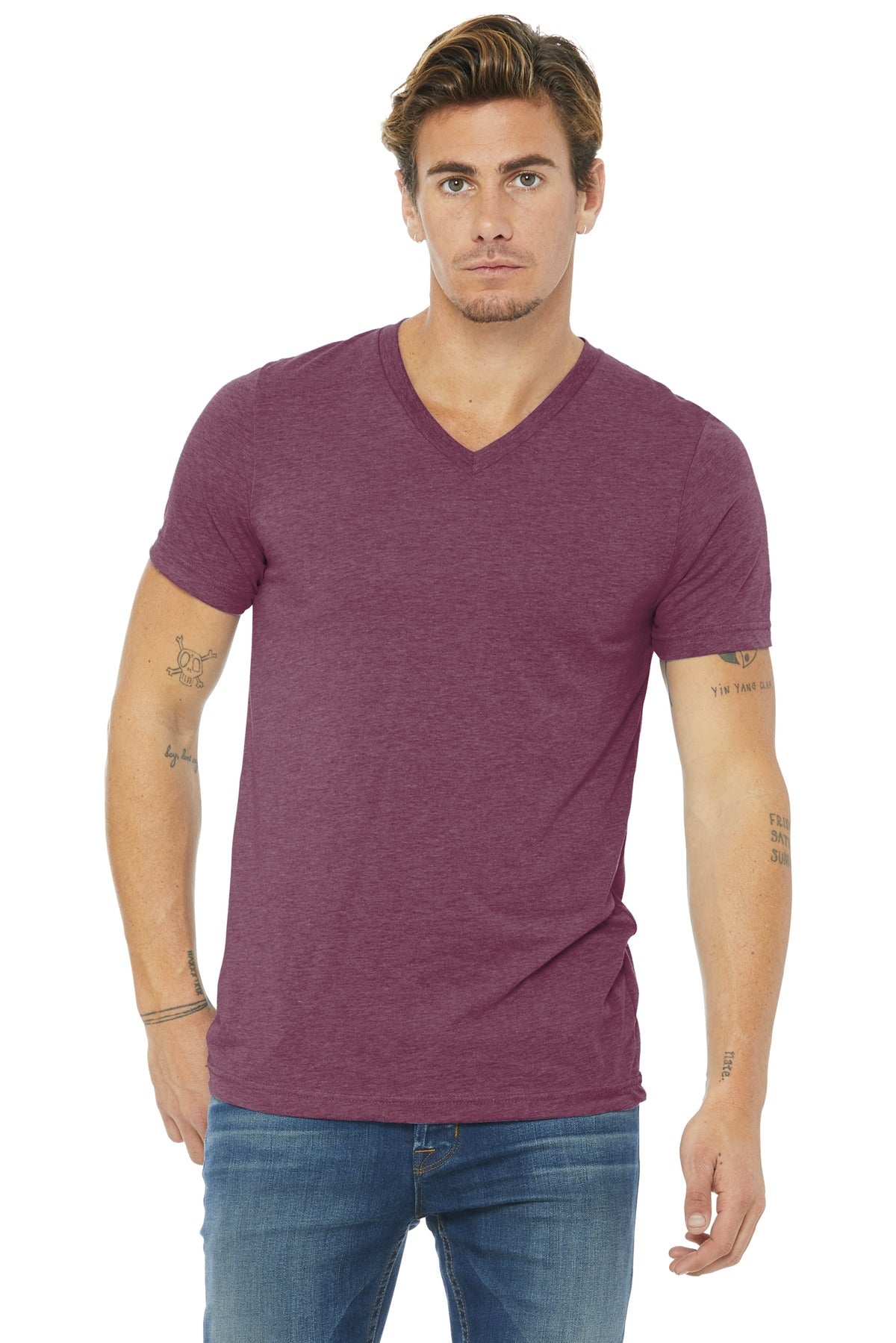 BELLA+CANVAS  Unisex Triblend Short Sleeve V-Neck Te - Maroon Triblend