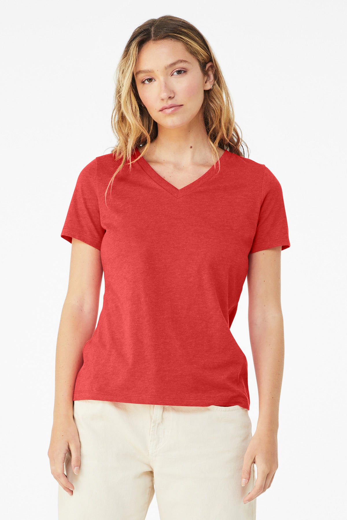 BELLA+CANVAS Women's Relaxed Heather CVC V-Neck Tee - Heather Red
