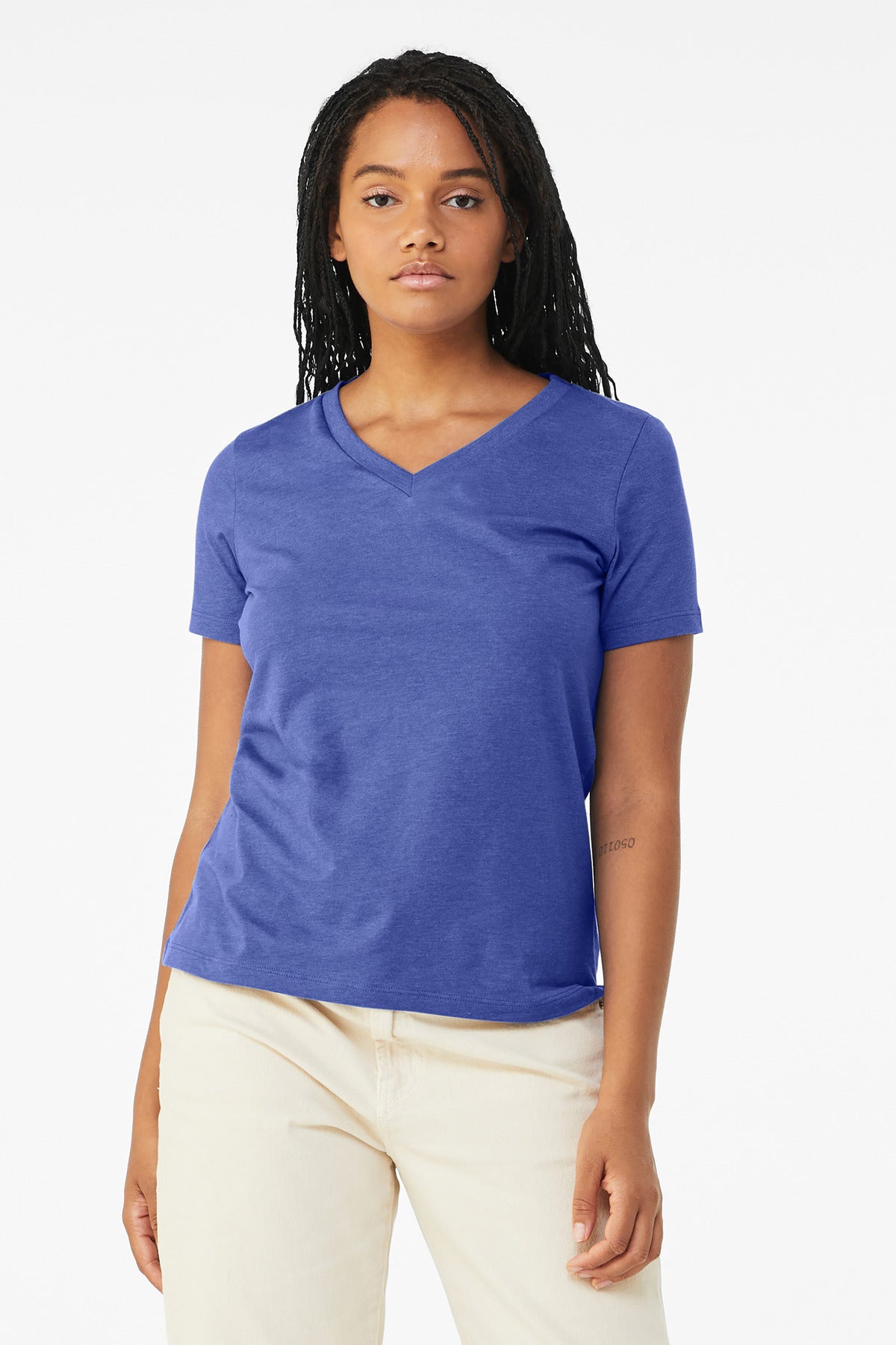 BELLA+CANVAS Women's Relaxed Heather CVC V-Neck Tee - Heather True Royal
