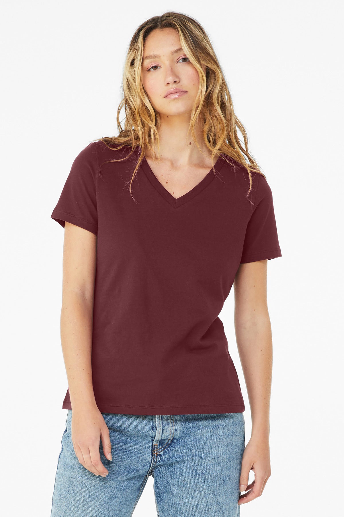 BELLA+CANVAS  Women's Relaxed Jersey Short Sleeve V-Neck Tee - Maroon