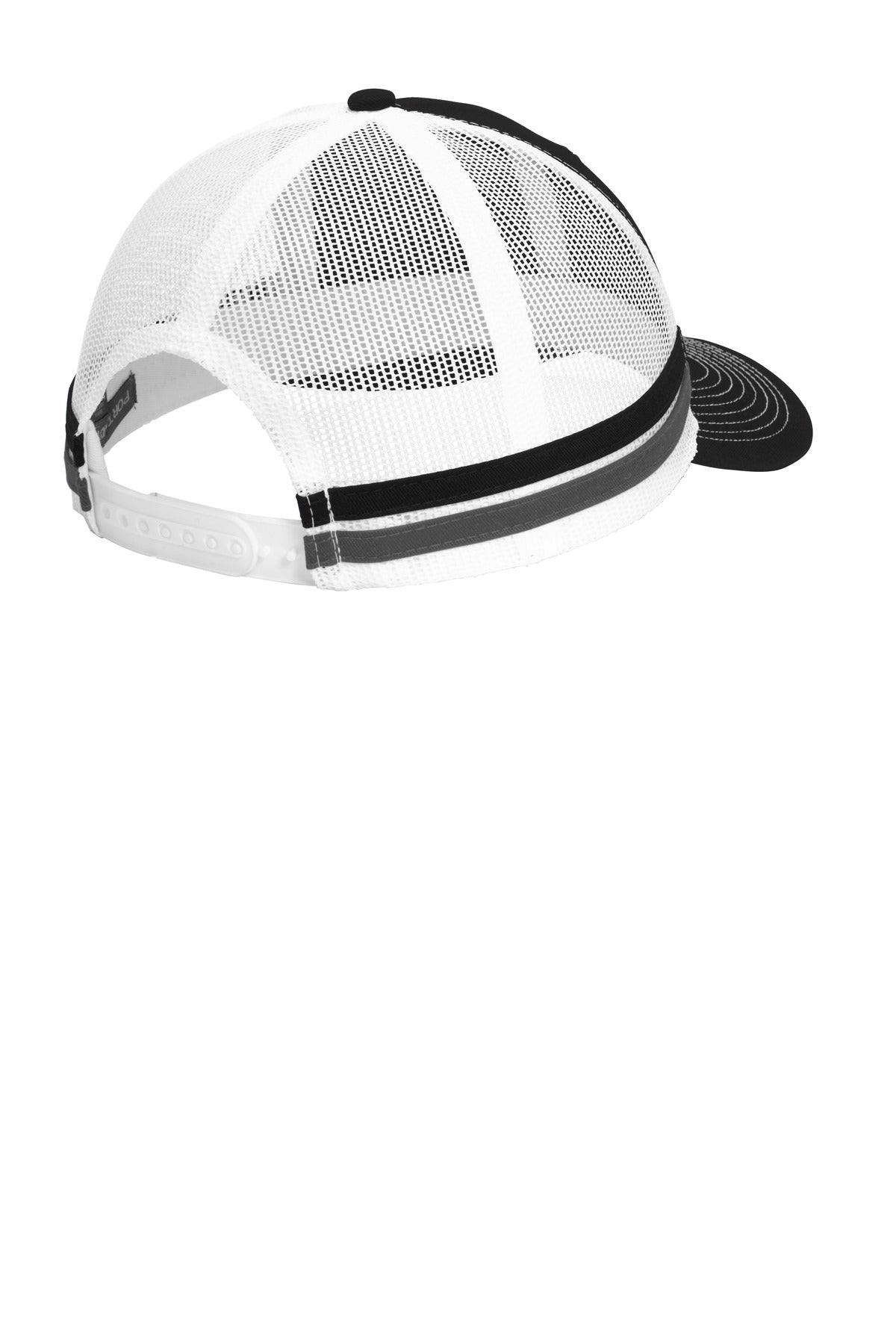 Port Authority  Two-Stripe Snapback Trucker Cap - Black/ Grey Steel/ White