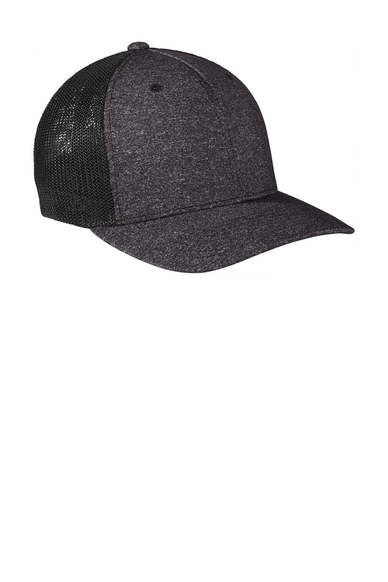 Port Authority  Flexfit  Melange Mesh Back Trucker Cap - Black/ Dark Charcoal Heather