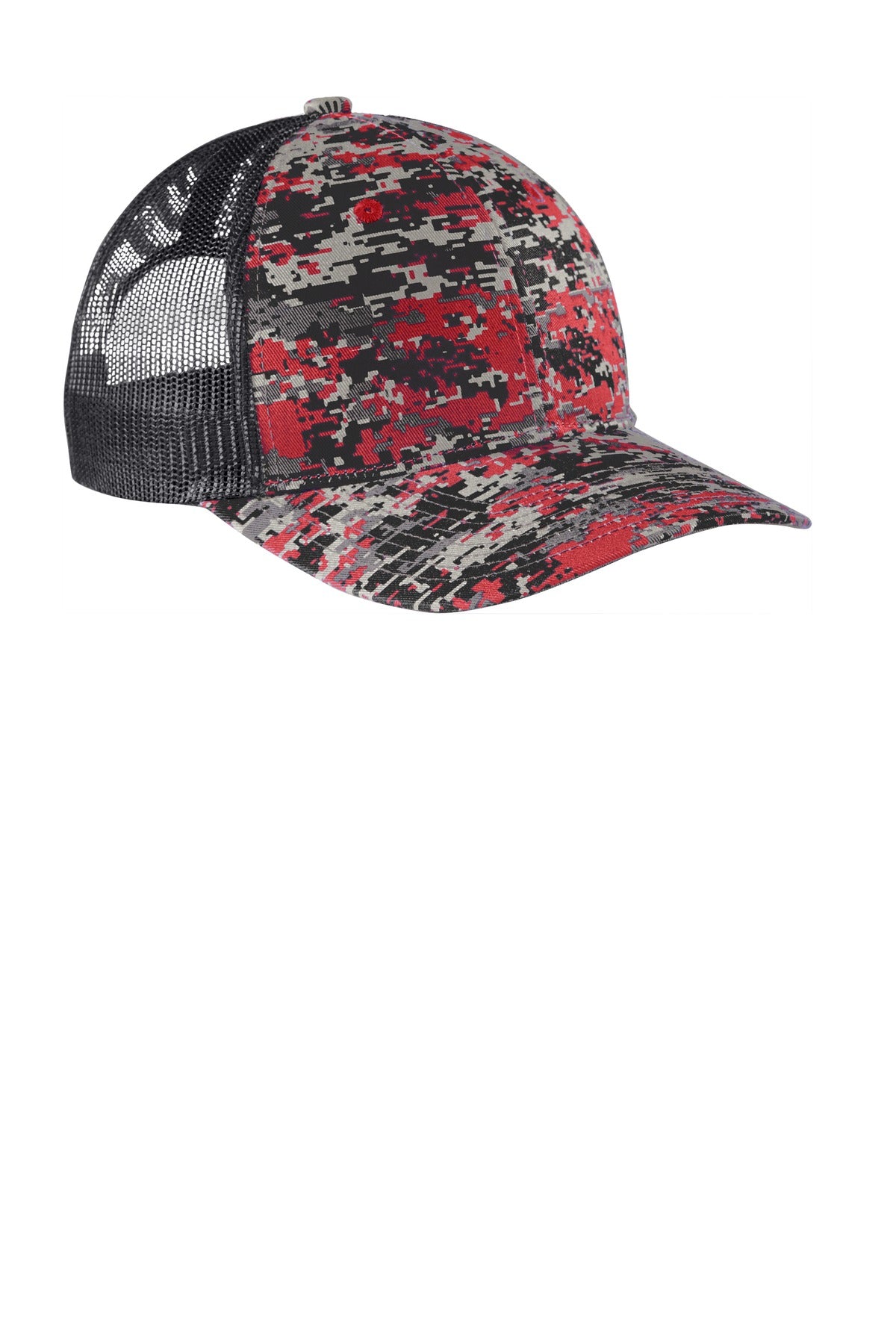 Port Authority  Digi Camo Snapback Trucker Cap - Flame Red Digi/ Grey Steel