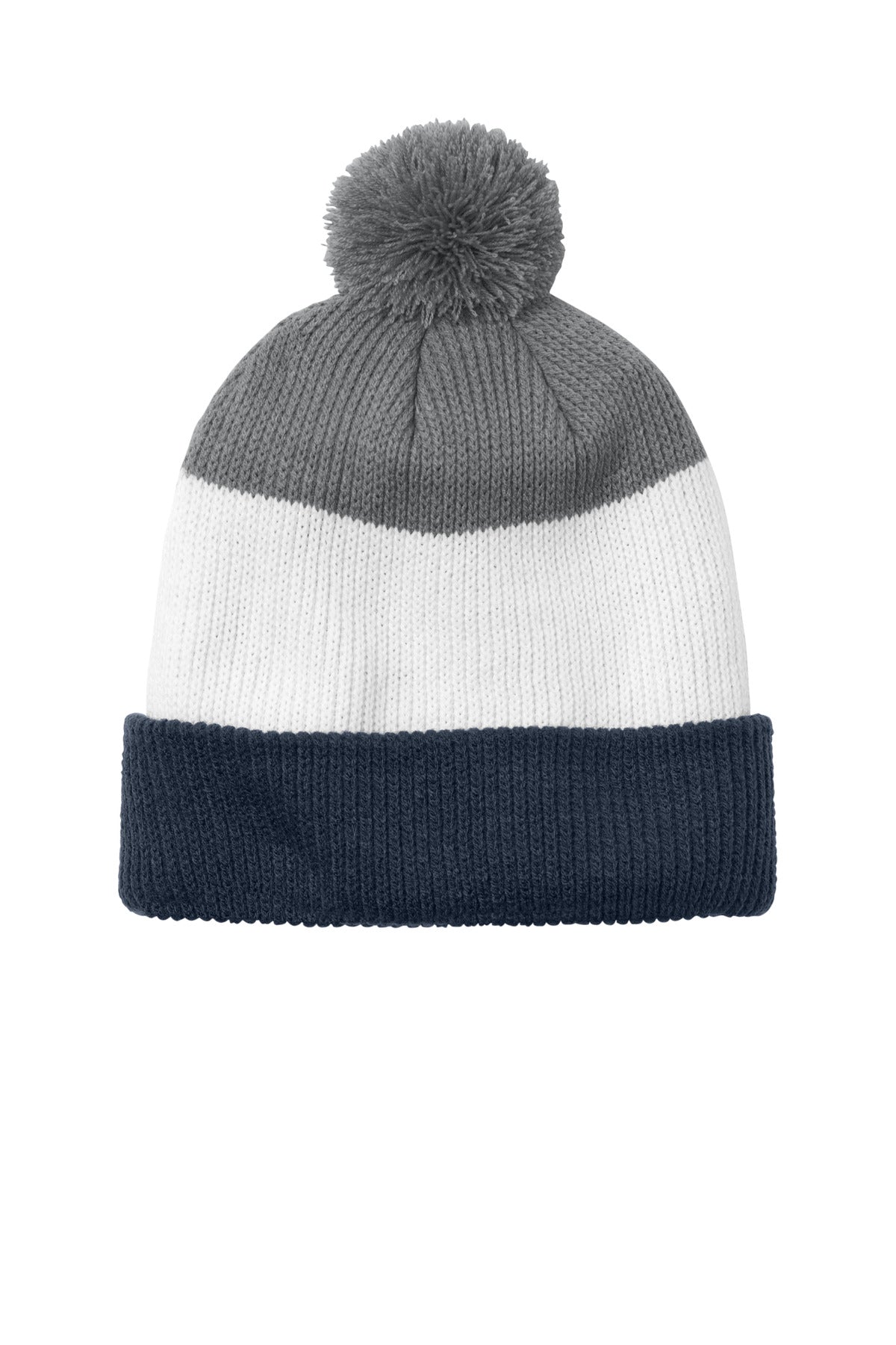 Port Authority Cozy Striped Pom Beanie - River Blue Navy/ Marshmallow/ Gusty Grey