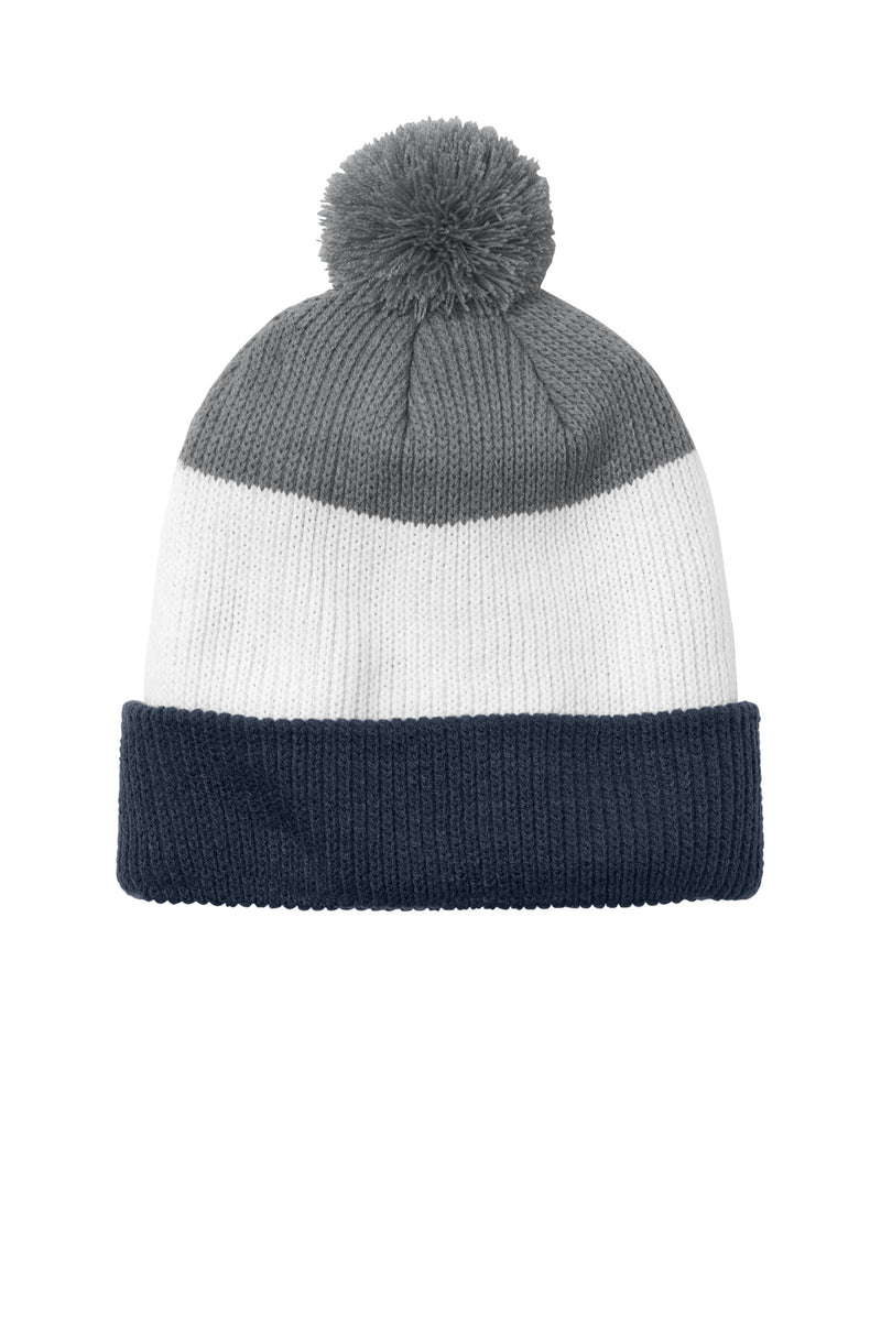 Port Authority Cozy Striped Pom Beanie - River Blue Navy/ Marshmallow/ Gusty Grey