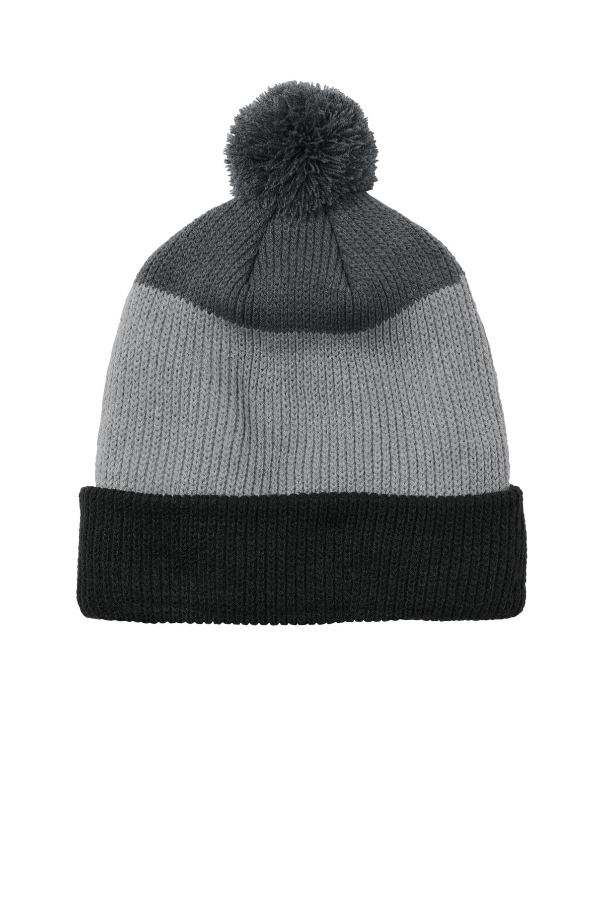 Port Authority Cozy Striped Pom Beanie - Deep Black/ Gusty Grey/ Storm Grey