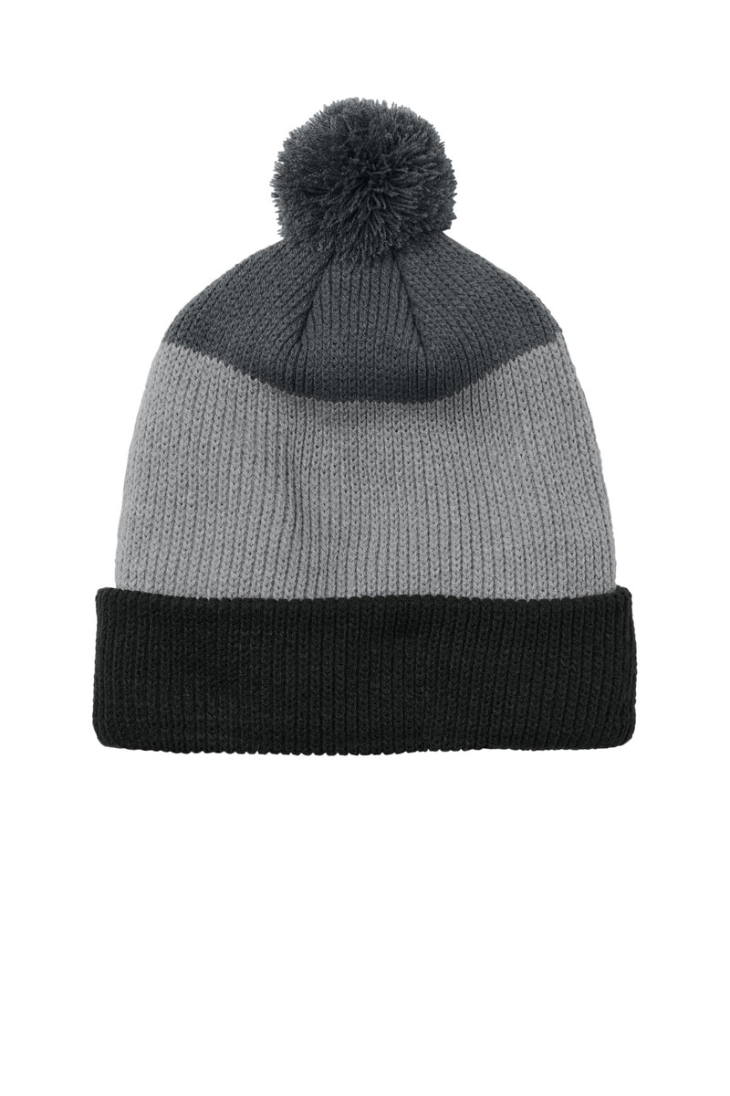 Port Authority Cozy Striped Pom Beanie - Deep Black/ Gusty Grey/ Storm Grey