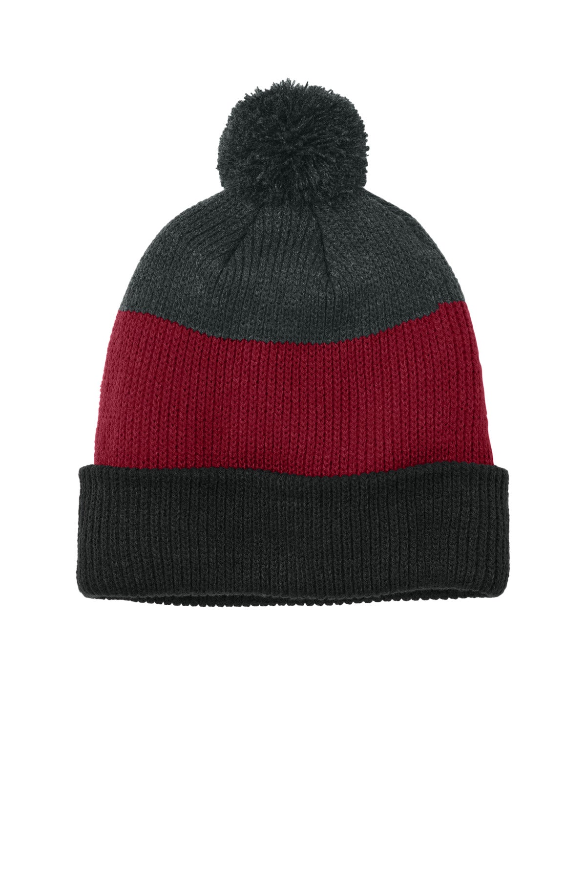 Port Authority Cozy Striped Pom Beanie - Deep Black/ Rich Red/ Charcoal Heather