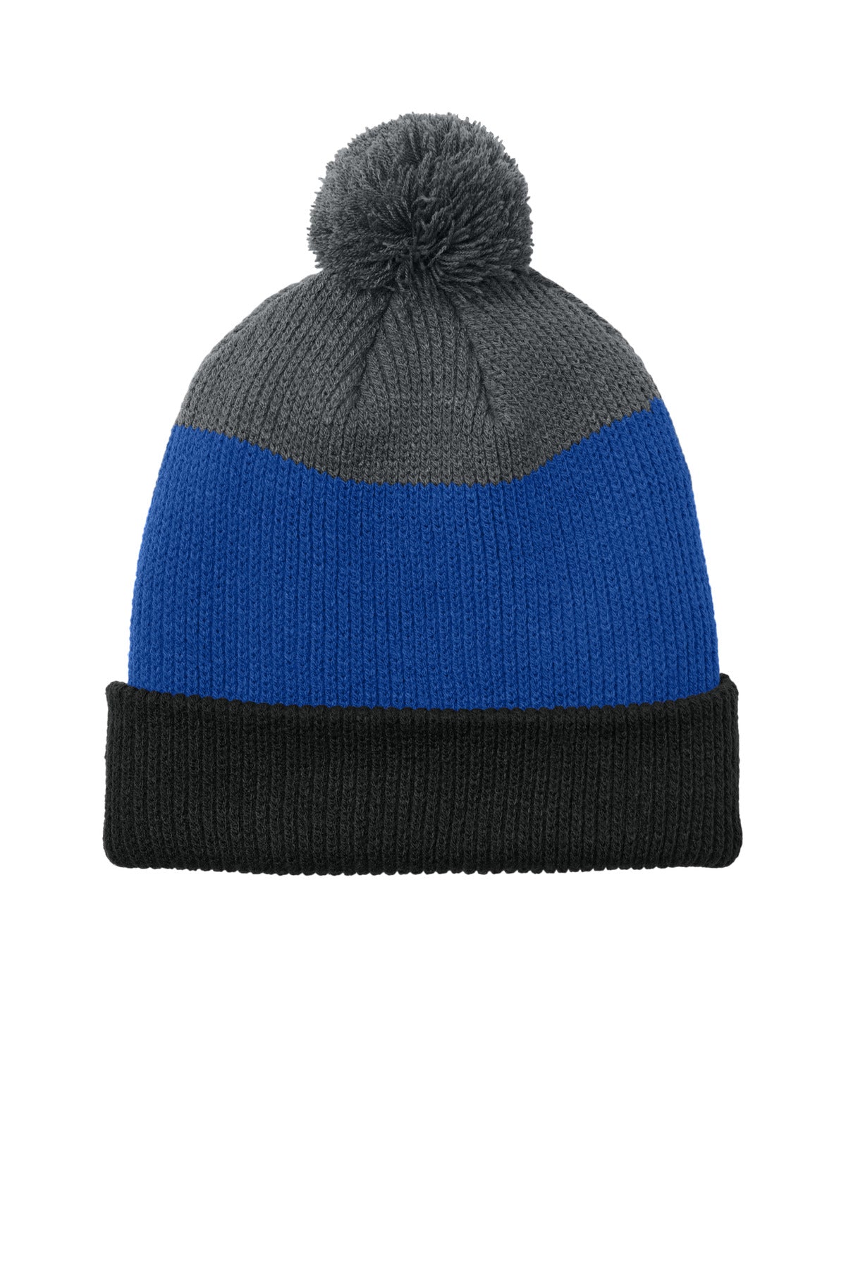 Port Authority Cozy Striped Pom Beanie - Deep Black/ True Royal/ Storm Grey