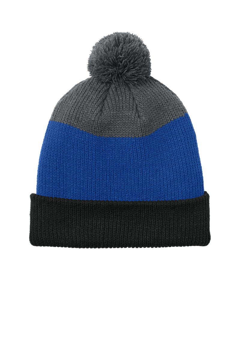 Port Authority Cozy Striped Pom Beanie - Deep Black/ True Royal/ Storm Grey