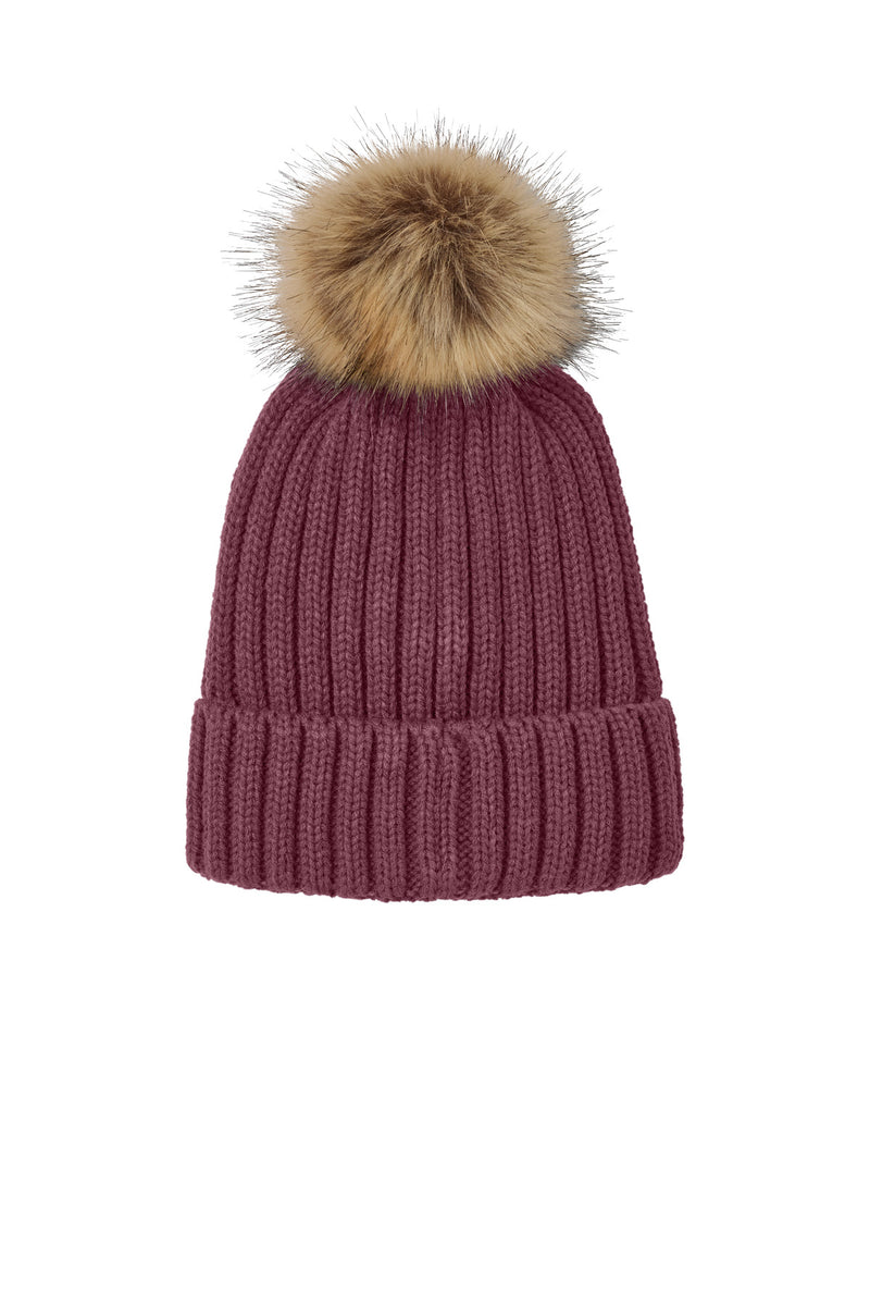 Port Authority Faux Fur Pom Beanie - Rosewood