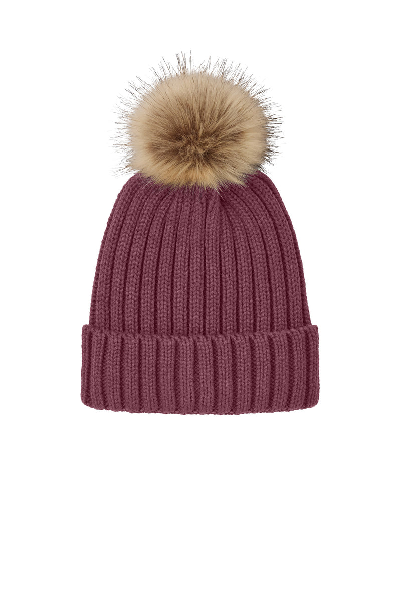Port Authority Faux Fur Pom Beanie - Rosewood