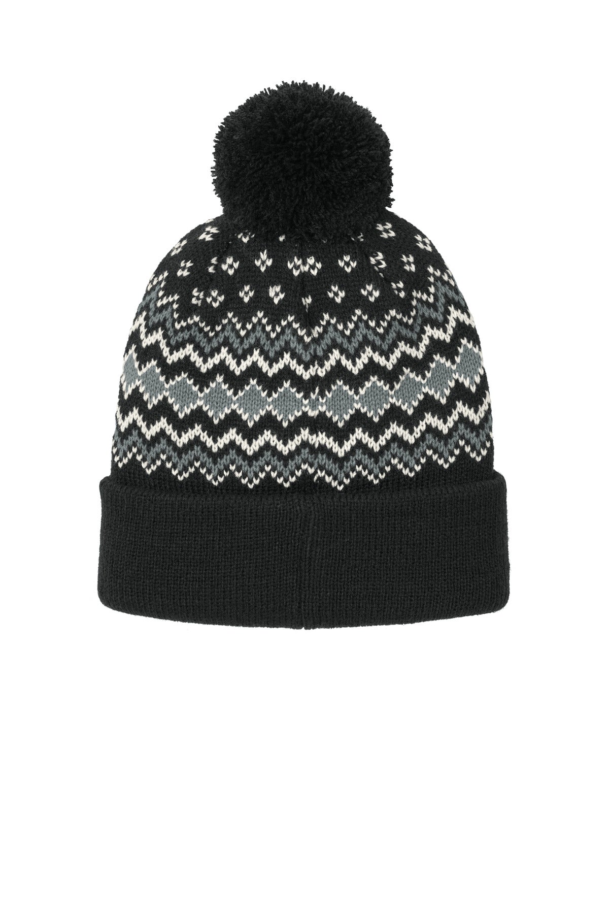 Port Authority Alpine Pom Beanie - Deep Black/ Gusty Grey/ Marshmallow