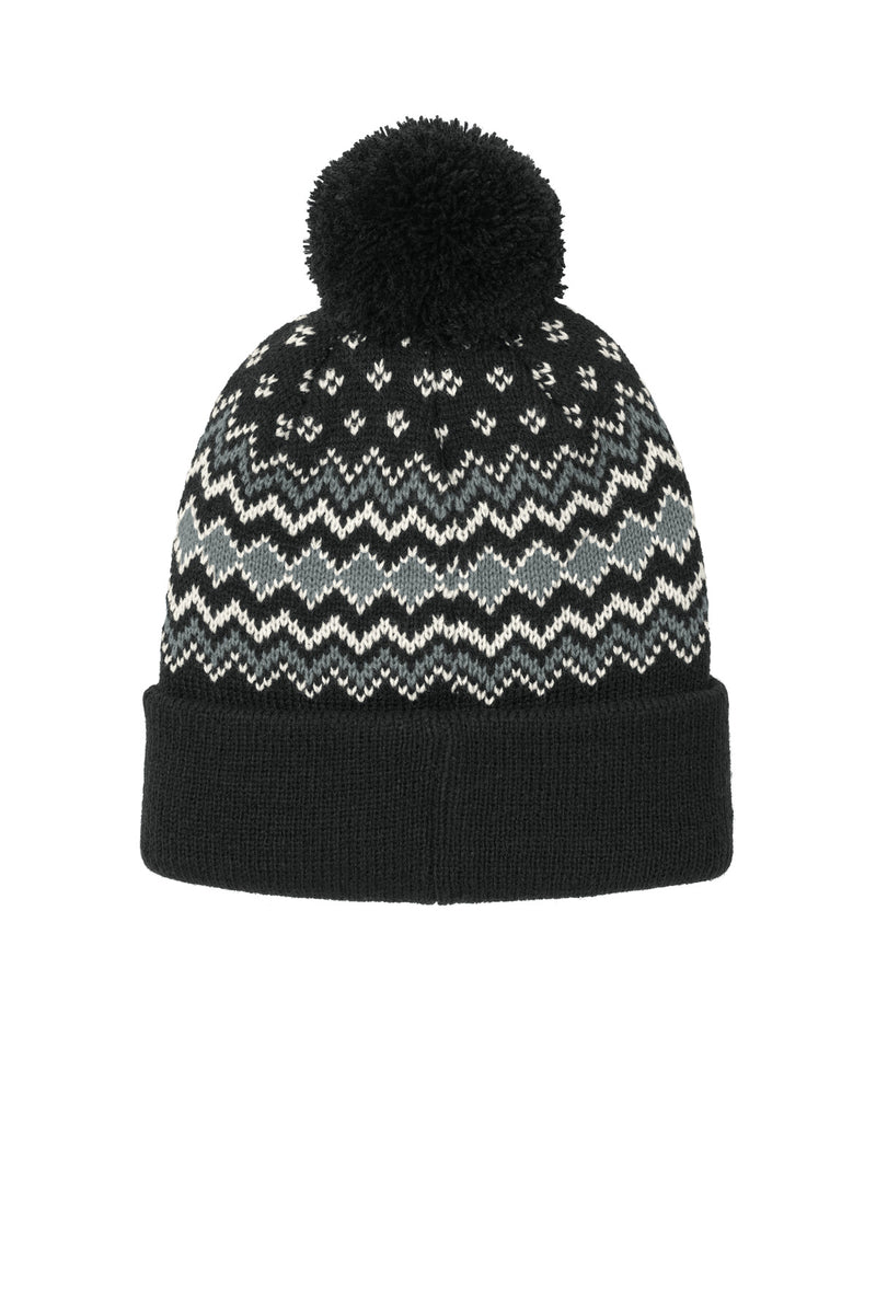 Port Authority Alpine Pom Beanie - Deep Black/ Gusty Grey/ Marshmallow