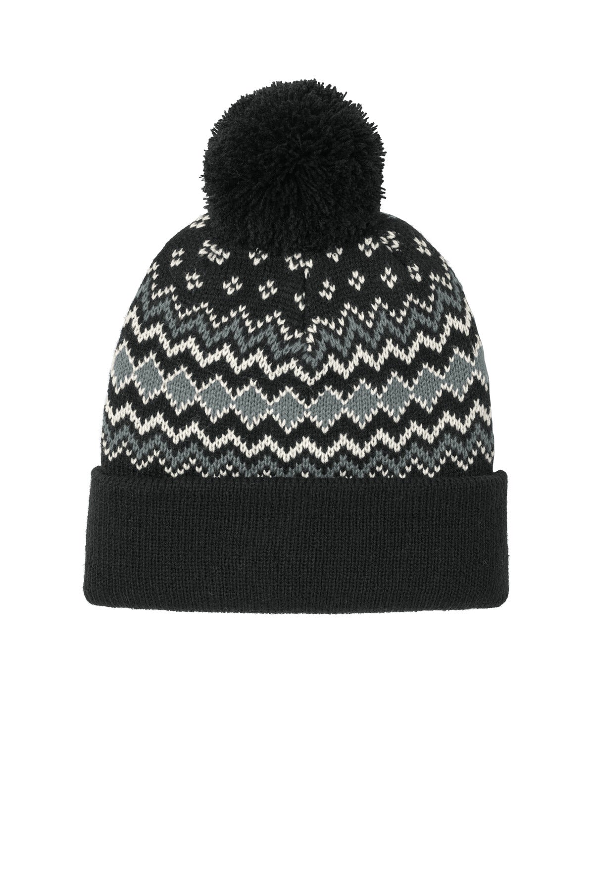 Port Authority Alpine Pom Beanie - Deep Black/ Gusty Grey/ Marshmallow