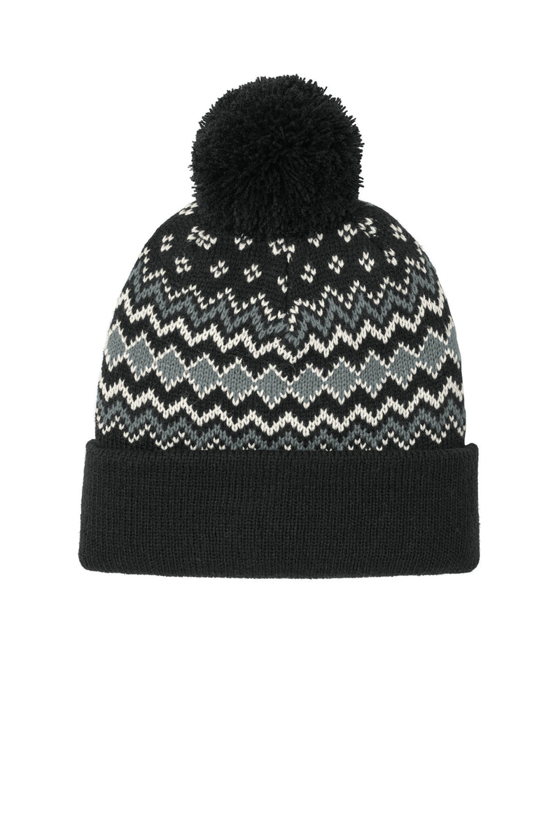 Port Authority Alpine Pom Beanie - Deep Black/ Gusty Grey/ Marshmallow