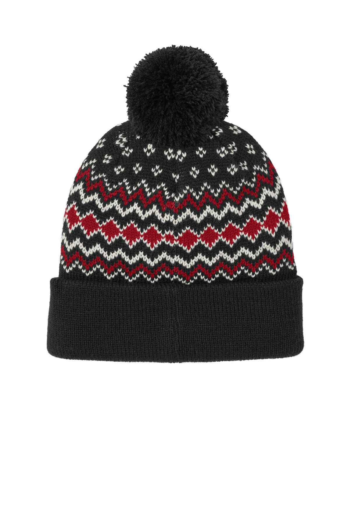Port Authority Alpine Pom Beanie - Deep Black/ Rich Red/ Marshmallow