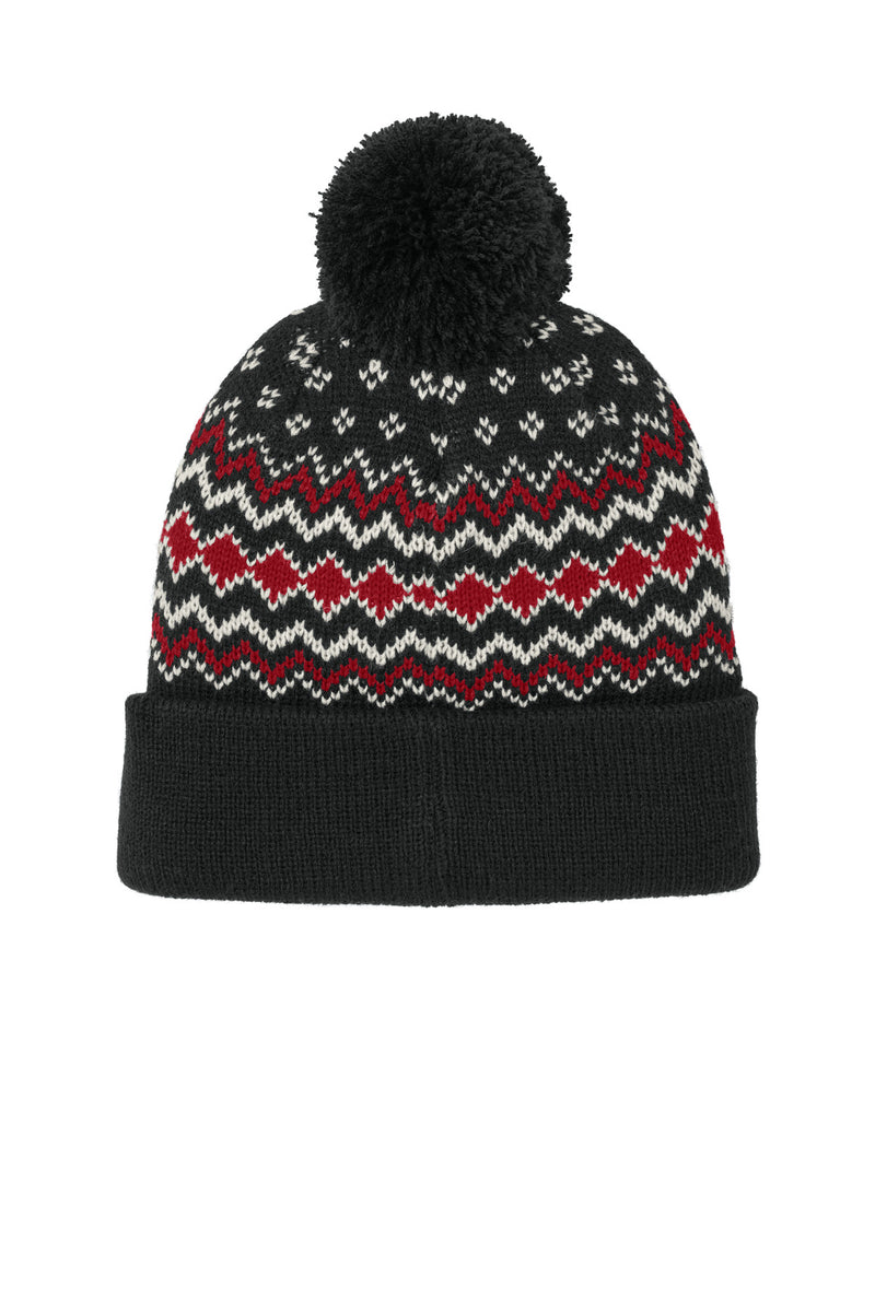 Port Authority Alpine Pom Beanie - Deep Black/ Rich Red/ Marshmallow