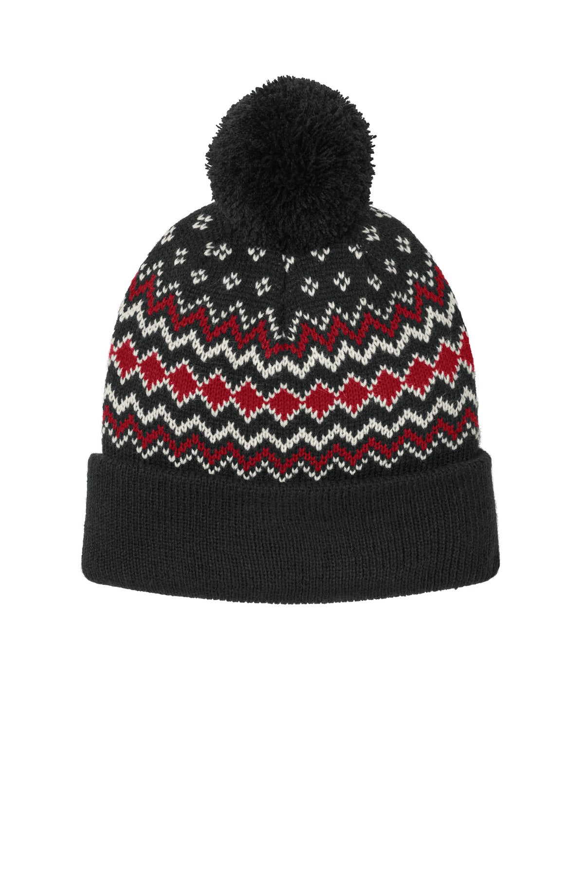 Port Authority Alpine Pom Beanie - Deep Black/ Rich Red/ Marshmallow