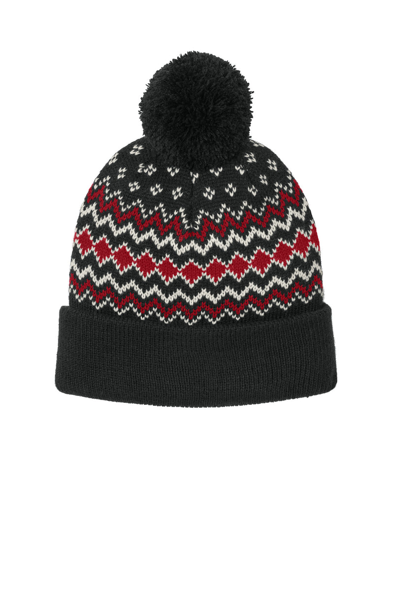 Port Authority Alpine Pom Beanie - Deep Black/ Rich Red/ Marshmallow
