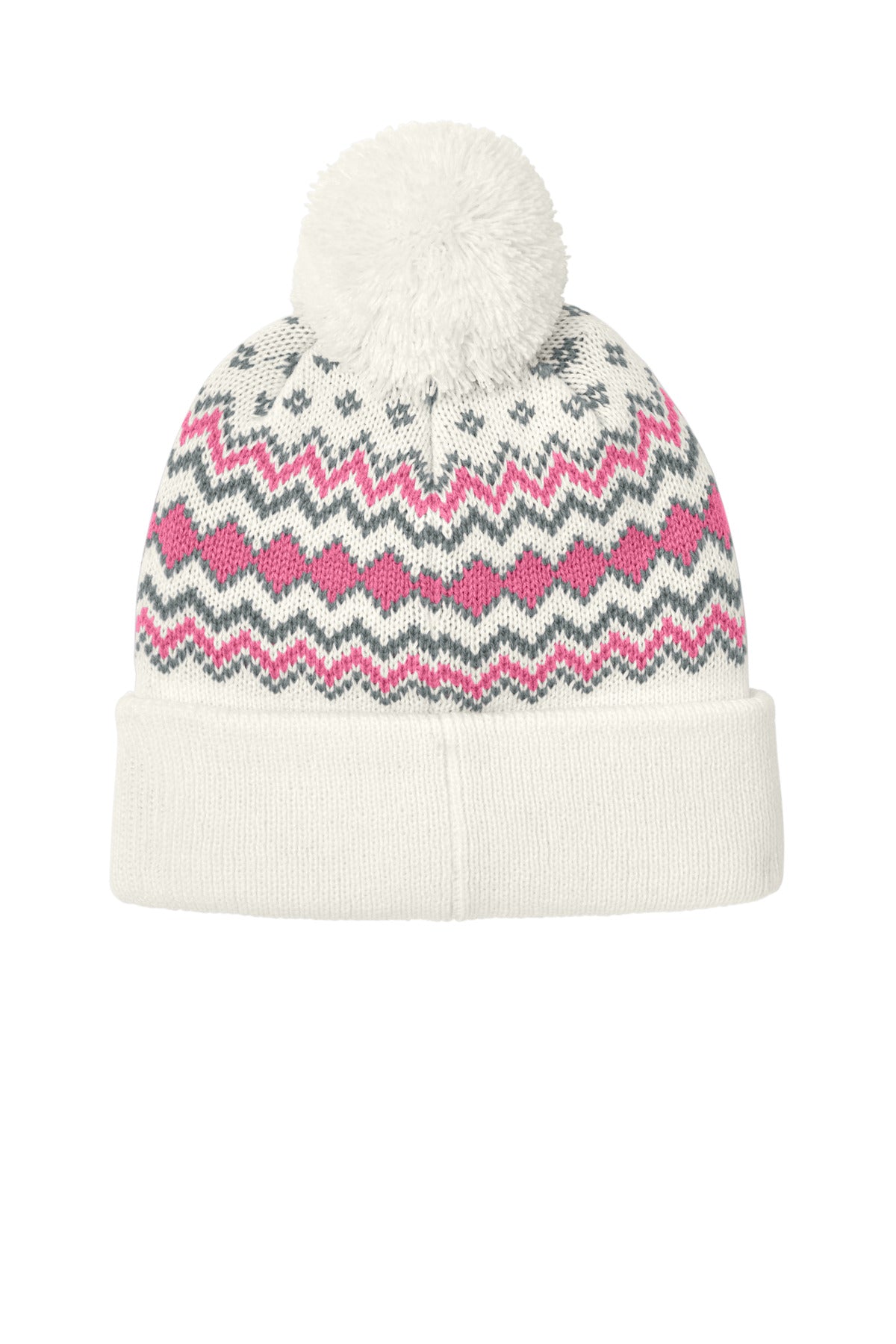 Port Authority Alpine Pom Beanie - Marshmallow/ Awareness Pink/ Gusty Grey