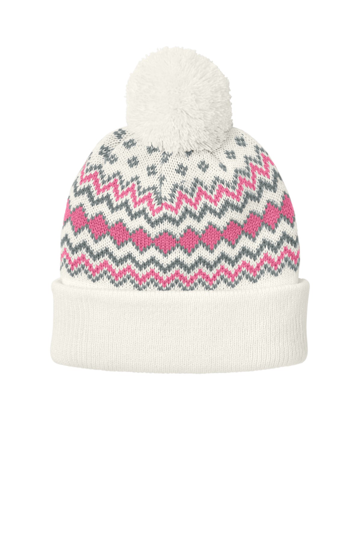 Port Authority Alpine Pom Beanie - Marshmallow/ Awareness Pink/ Gusty Grey